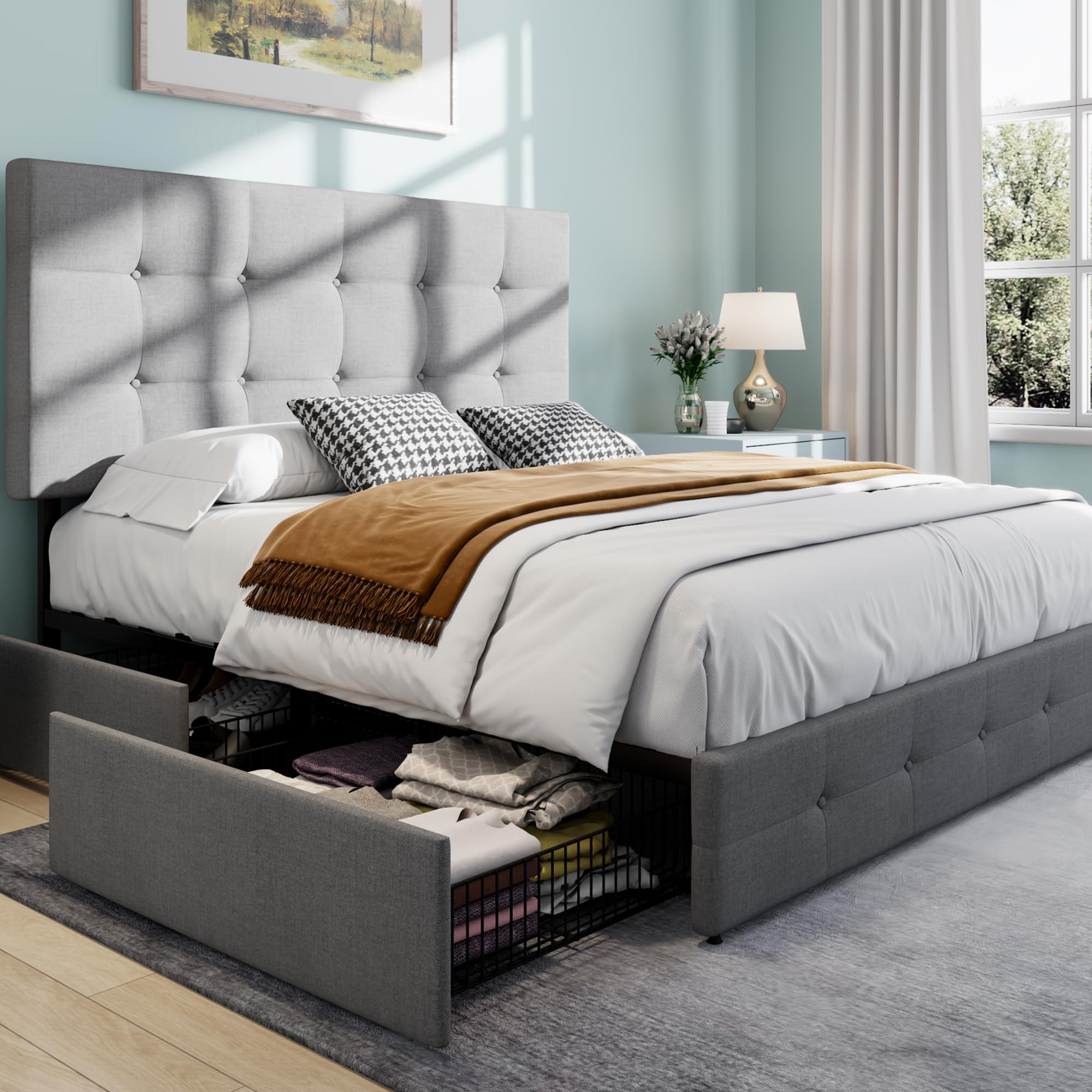 Full Size Platform Bed Frame with Storage Drawers & Adjustable Headboard - SHA CERLIN Upholstered Bed with Square Stitched Button Tufted Design, Wooden Slat Support, No Box Spring Needed in Light Grey - Perfect for Small Bedrooms, Guest Rooms & Space-Saving Storage Solutions