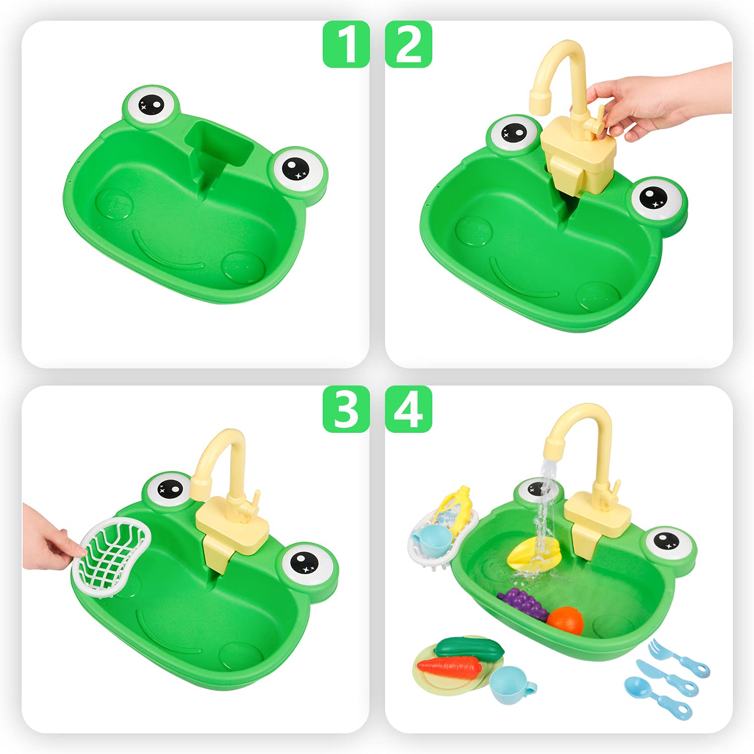 Ruibytree Kids Pretend Play Kitchen Sink Toy with Electric Running Water Faucet, Dishwasher & Cutting Food Set - Role Play Accessories for Toddlers (Cute Frog Design) | Perfect for Imaginative Play, Preschool Learning & Birthday Gifts
