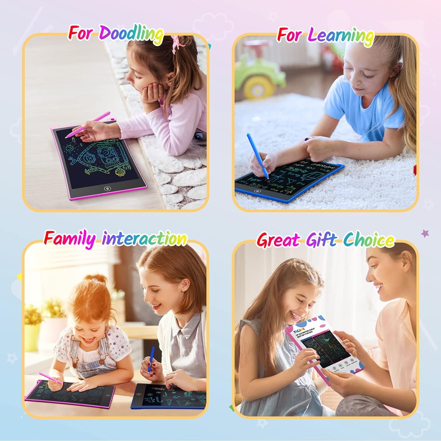 TECJOE 2 Pack LCD Writing Tablet - 10 Inch Colorful Doodle Board Drawing Tablet for Kids, Erasable Electronic Sketch Pad - Perfect Travel Learning Toy & Christmas Birthday Gift for 3 4 5 6 Year Old Boys Girls Toddlers - Great for Home, School & Car Rides