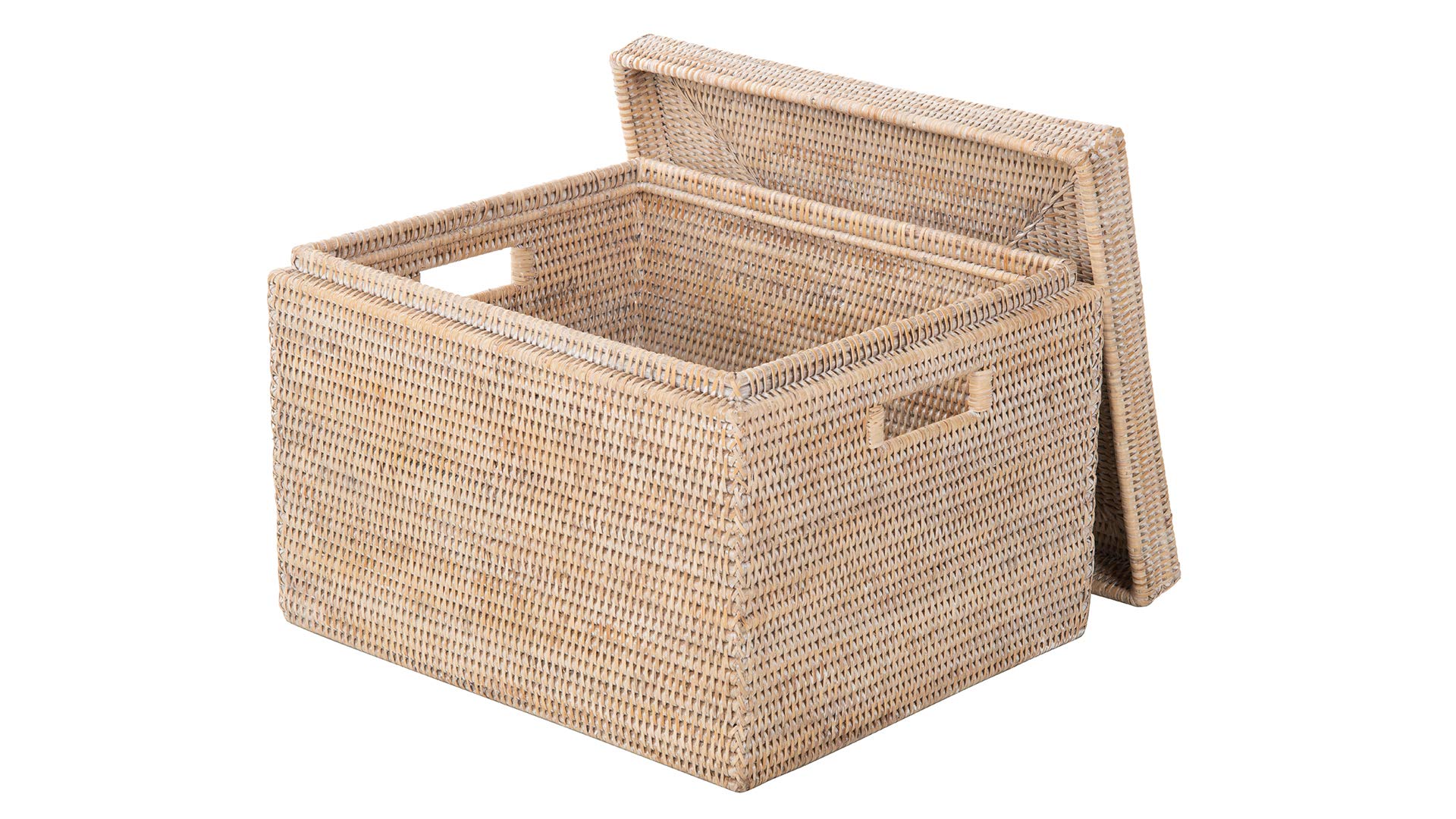 Kouboo La Jolla Rattan Storage Basket with Lid - Whitewashed Wicker Organizer for Toys, Laundry, Kitchen & Living Room | Decorative Home Storage Solution for Bedroom, Bathroom and Office Organization