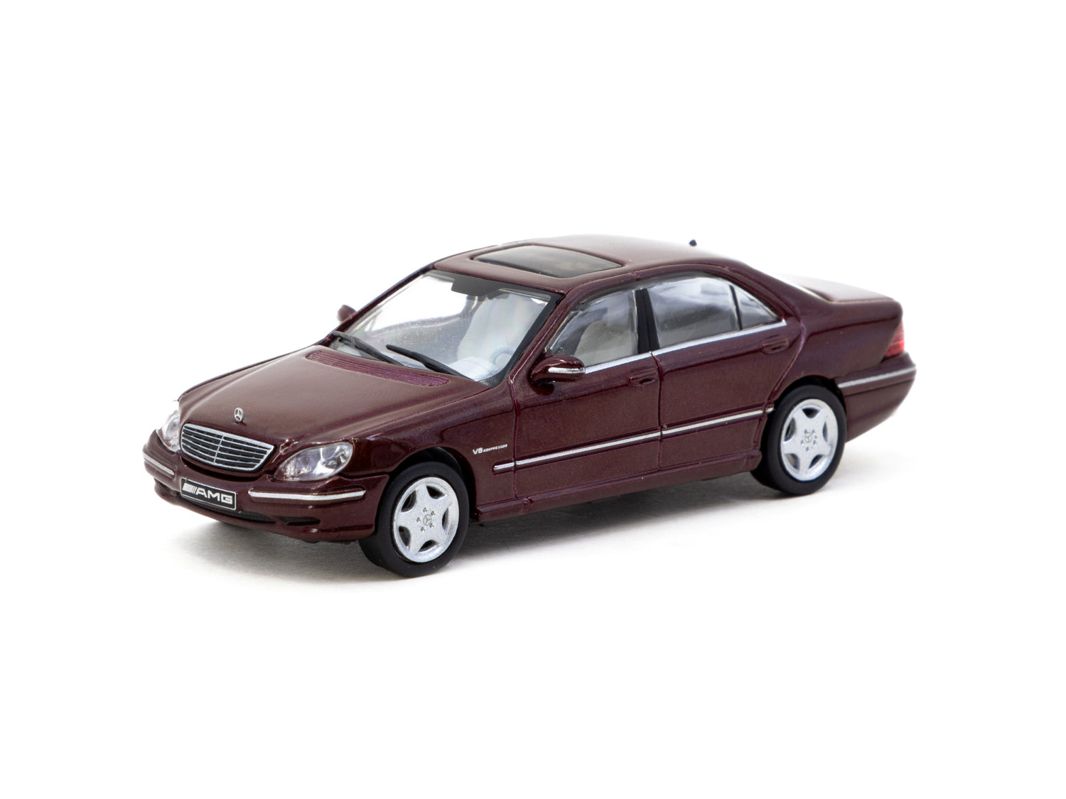 Tarmac Works 1/64 Scale Mercedes Benz S 55 AMG Diecast Model Car - Bordeaux Red Metallic Finish | Collectible Miniature Vehicle for Display & Racing Scenes
