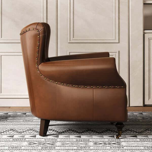 Midcentury Modern Brown Leather Accent Chair - Solid Wood Frame, Comfortable Upholstered Lounge Chair for Living Room, Bedroom, or Office Decor