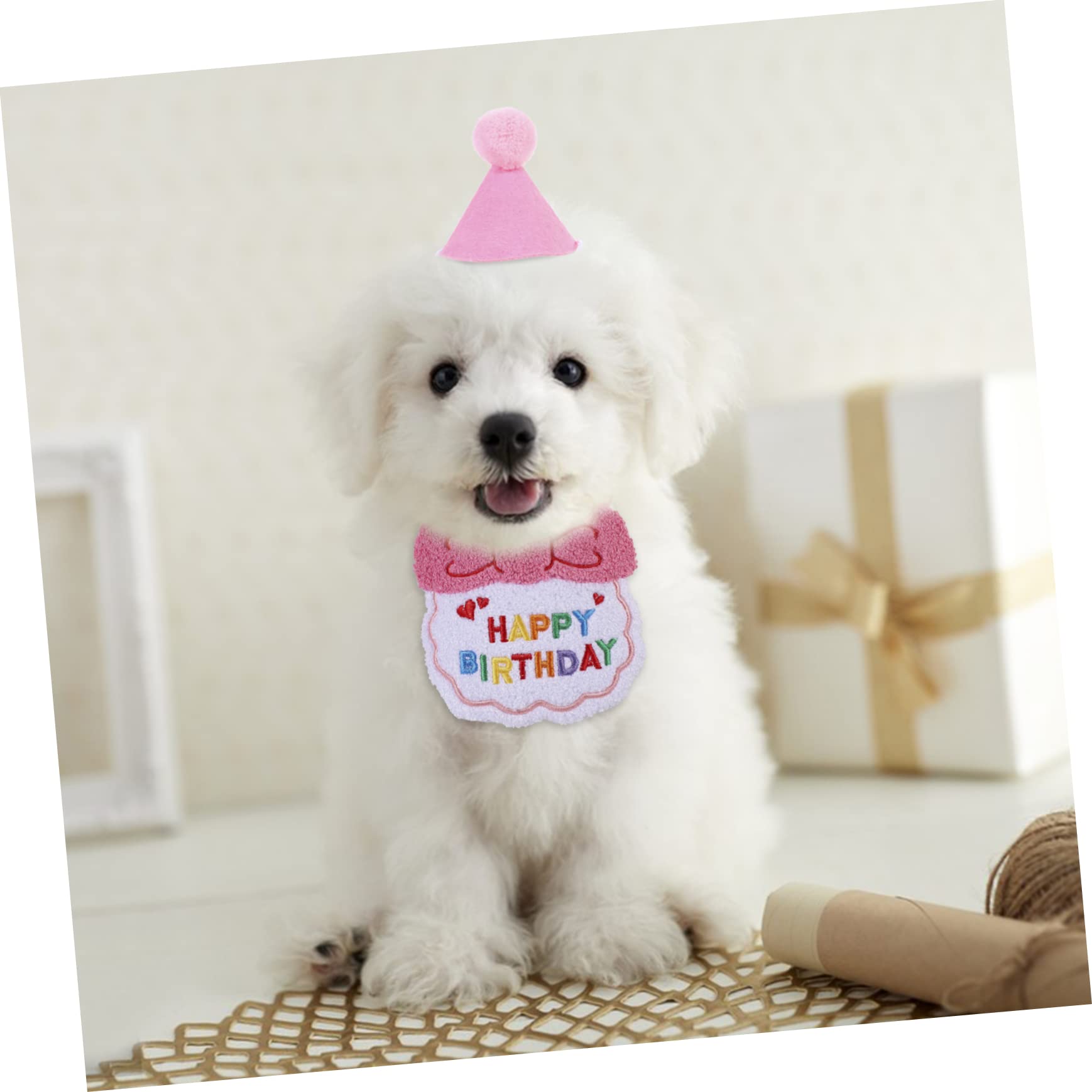 BESPORTBLE 2 Sets Pet Birthday Party Hats & Triangle Bibs - Dog & Kitten Neck Scarf Suit with Yarn Accessories for Birthday Celebrations & Photo Shoots
