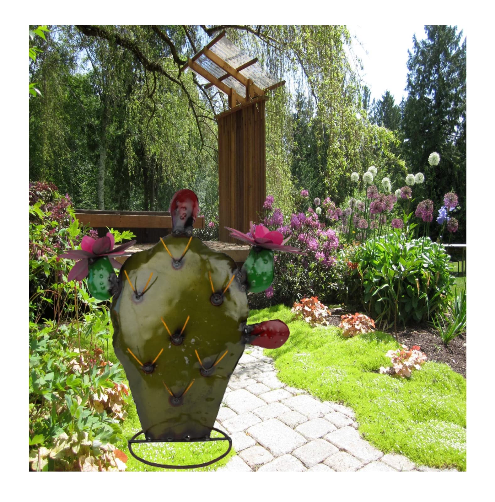 Yijan Colorful Metal Prickly Pear Cactus Decor - Iron Sculpture Garden Art Statue for Lawn, Patio, Yard & Outdoor Spaces - Perfect for Desert-Themed Landscaping & Southwestern Home Decor (Dark Green)