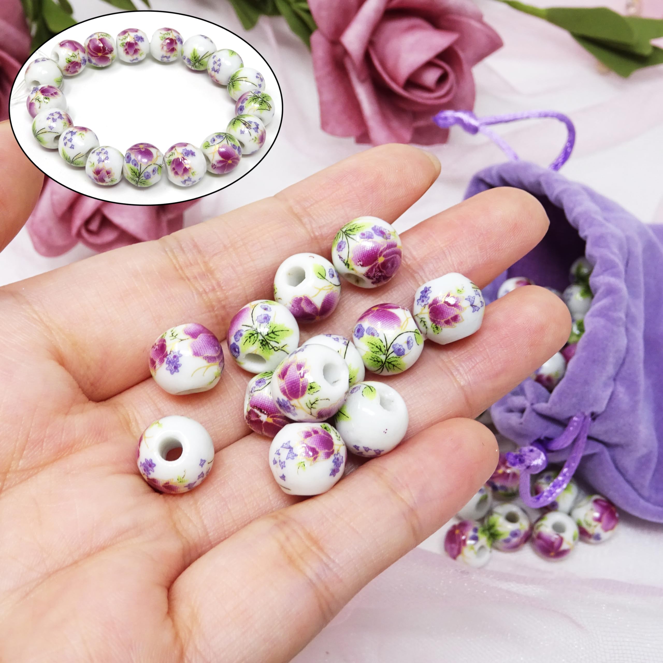 100PCS 10mm Ceramic Beads for Jewelry Making - Purple Peony Porcelain Flower Spacer Beads with Drawstring Bag - DIY Craft Supplies for Necklaces, Earrings, Bracelets - Perfect for Handmade Gifts & Boho Style Accessories