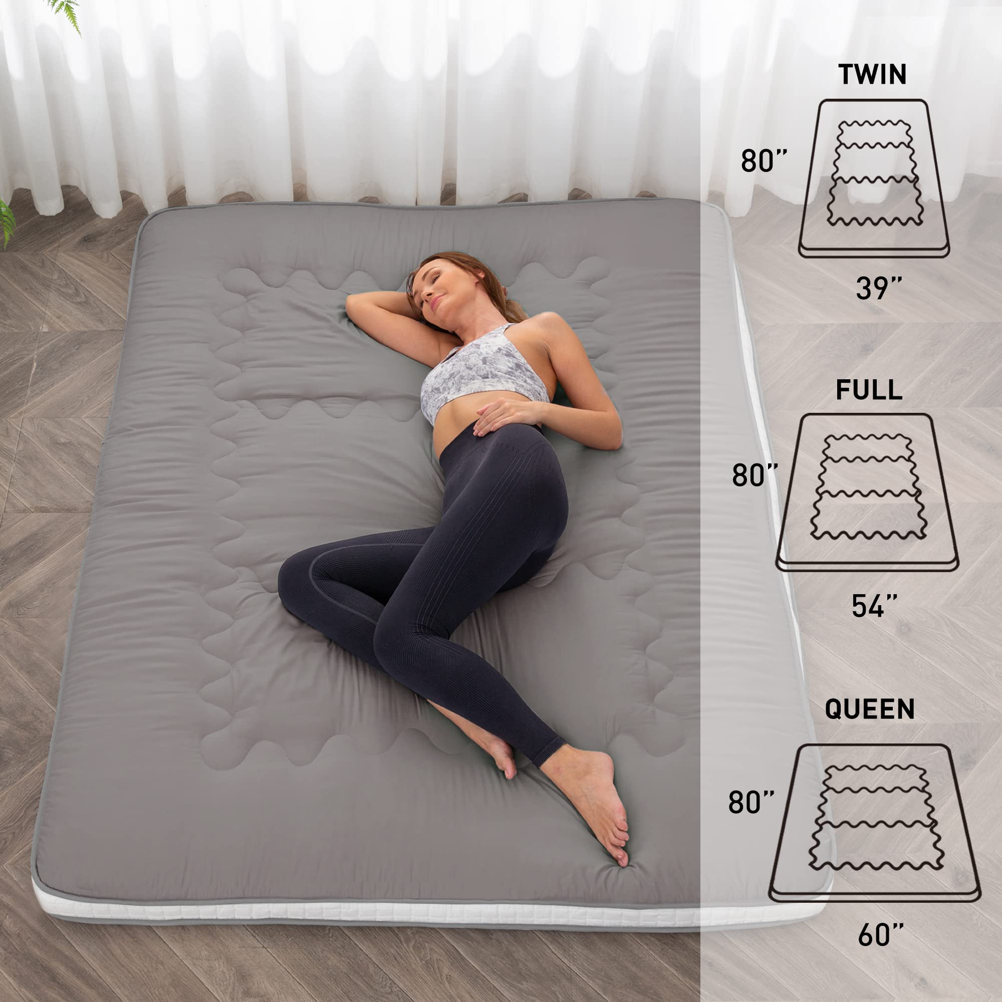 Japanese Floor Futon Mattress - Extra Thick Foldable Roll Up Bed Topper Mat for Guest, Lounger & Travel | Portable Sleeping Solution for Small Spaces, Camping & Home Use
