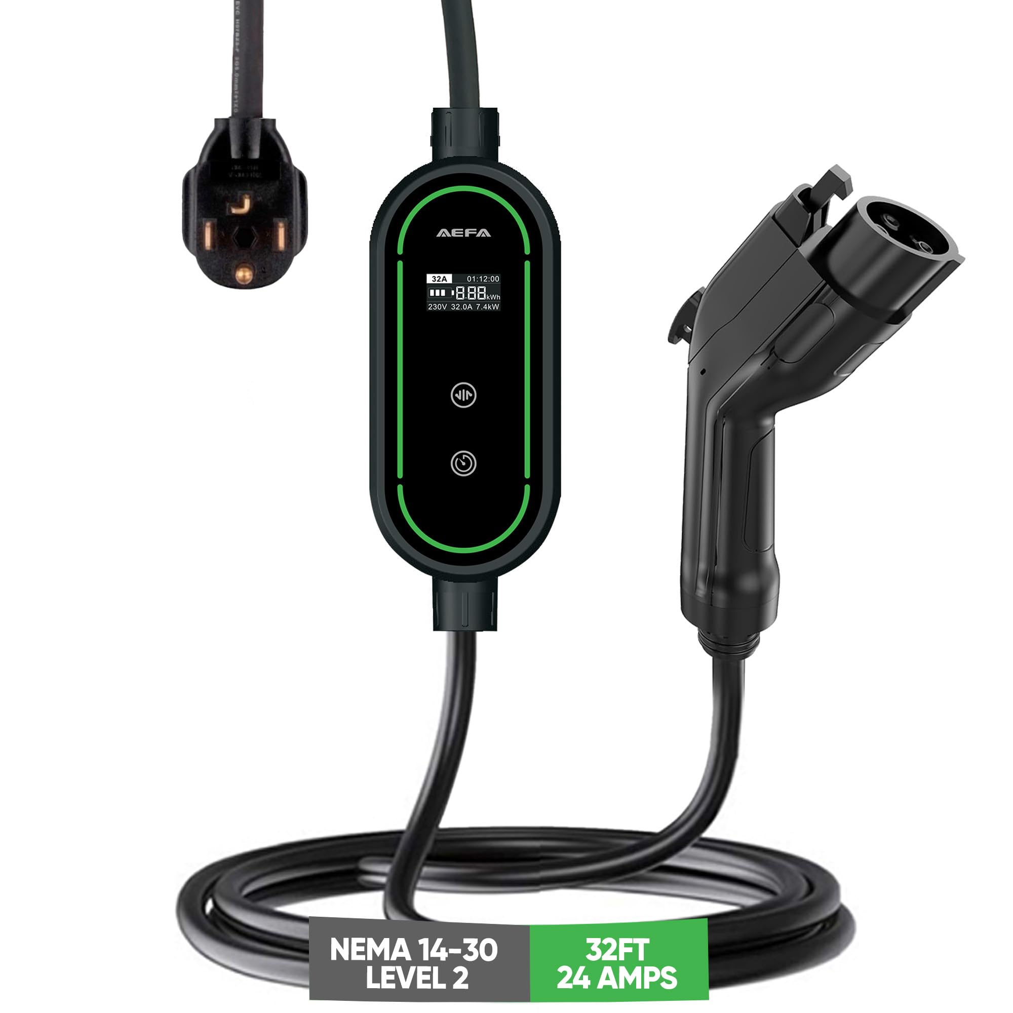 AEFA - NEMA 14-30 24 AMP 32 FT Adjustable Level 2 EV Charger - Portable J1772 Electric Vehicle Charger with LED Display - Perfect for Home, Office & Travel Charging