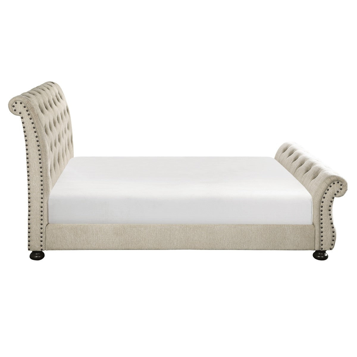 Luxury Beige Chenille Tufted King Size Bed Frame with Nailhead Trim - Elegant Bedroom Furniture for Master Suite & Guest Room Decor