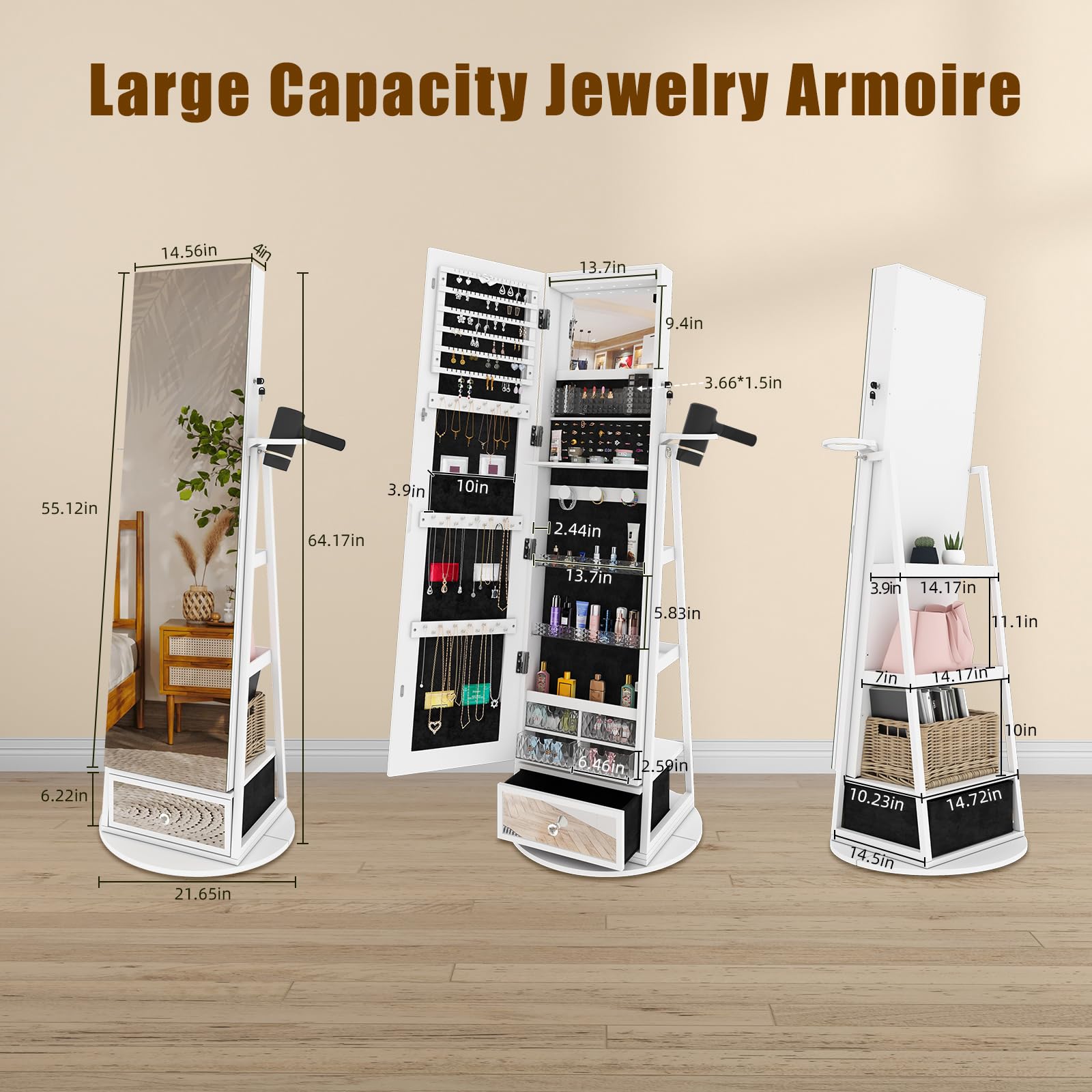360° Swivel LED Jewelry Armoire with Full-Length Mirror - Foldable Makeup Organizer with Storage Shelves for Women & Girls | Perfect for Bedroom, Dressing Room & Closet Organization