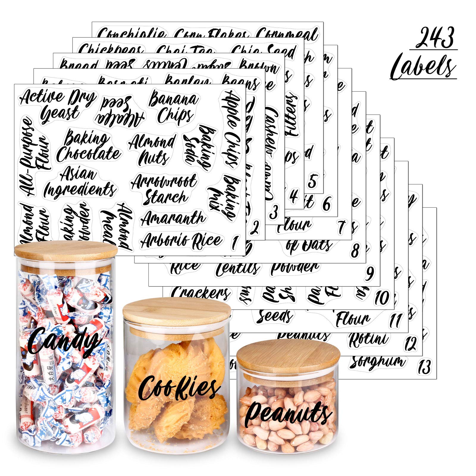 SWOMMOLY 243-Piece Waterproof Pantry Labels Set - Reusable Cursive Food Storage Stickers for Jars & Containers - Perfect for Kitchen Organization, Meal Prep & Home Storage Solutions