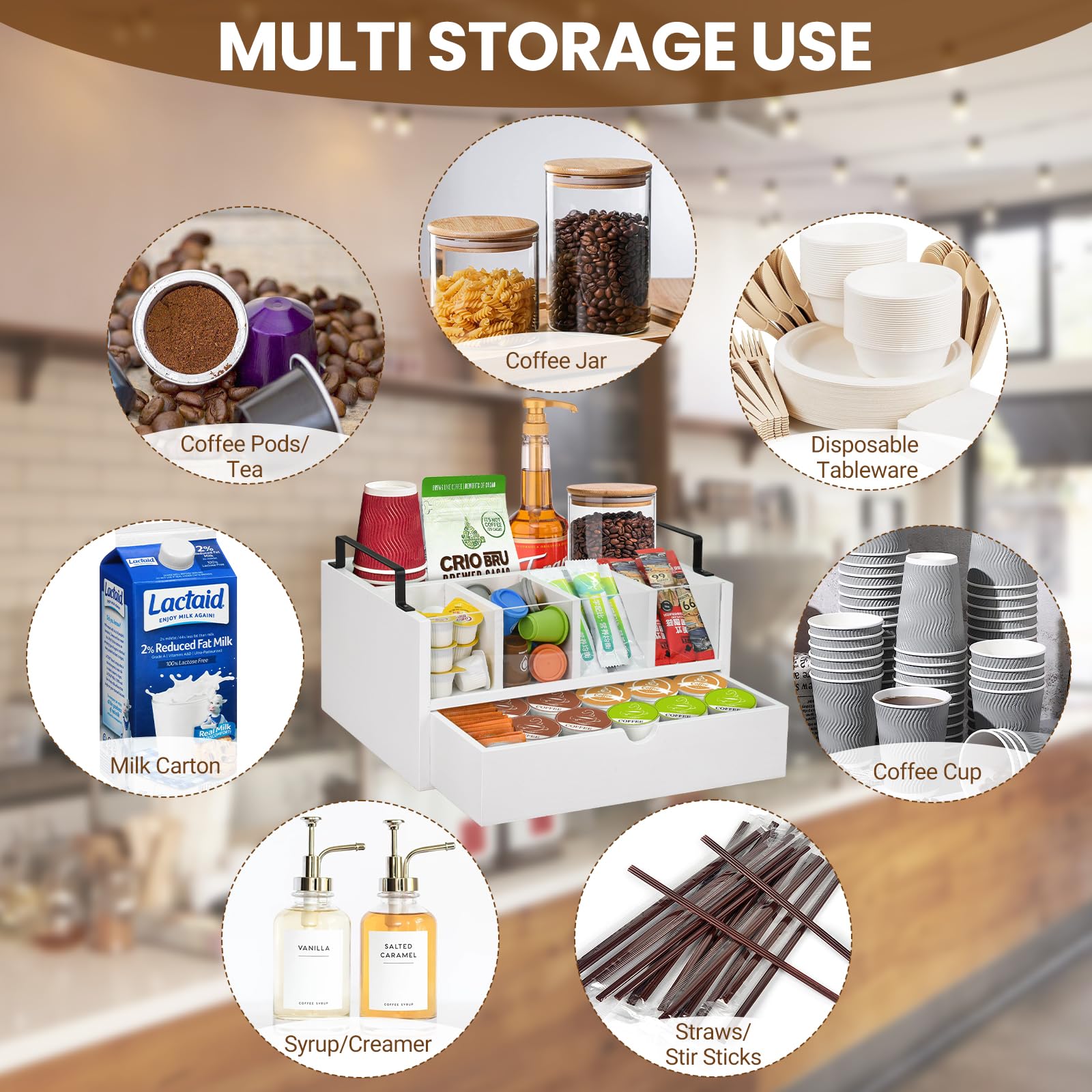 Rustic Wood Coffee Bar Organizer with Drawer - K Cup & Coffee Pods Holder with Handle - Countertop Coffee Station Accessories for Condiments & Decor - Perfect for Home, Office, or Cafe Use