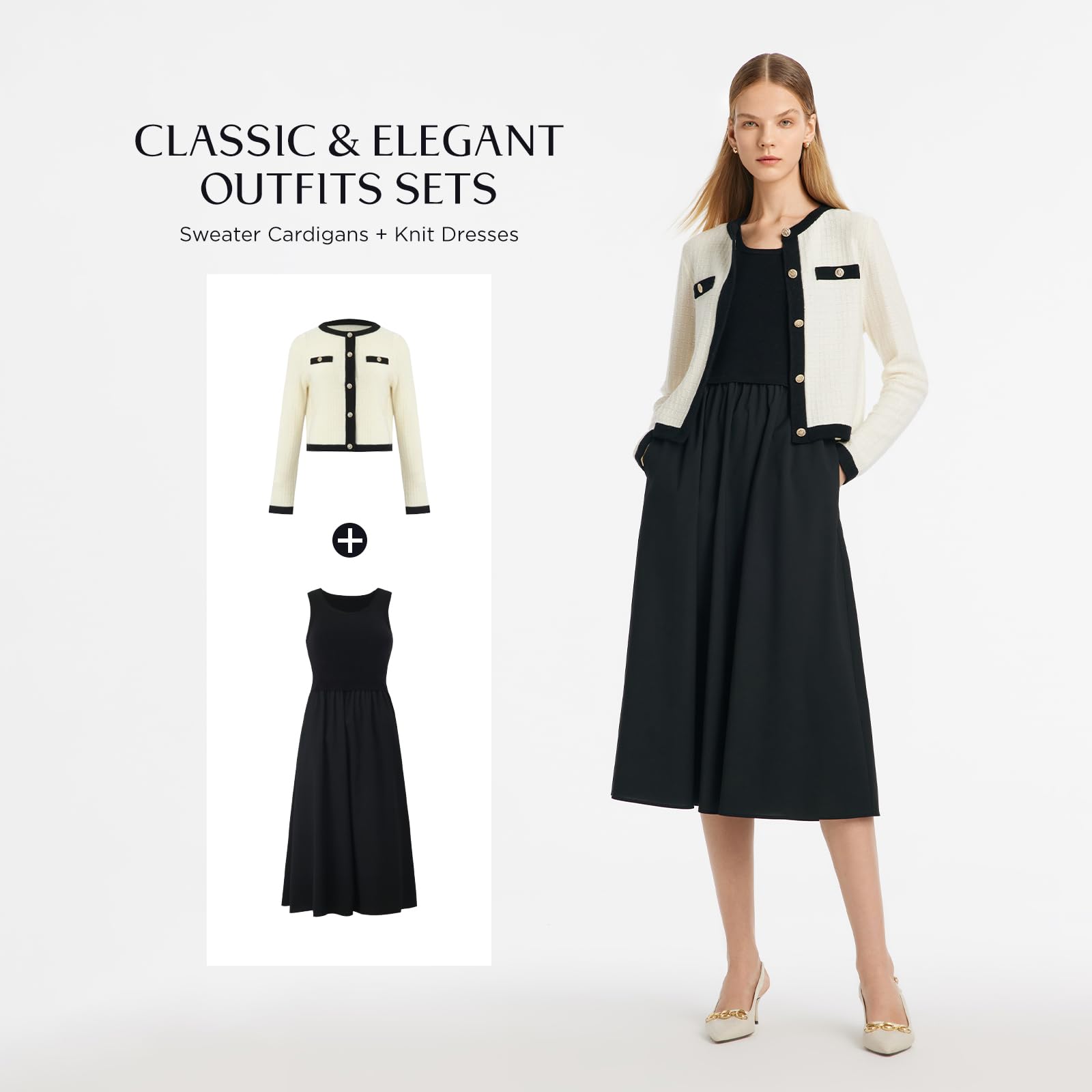 Women's 2-Piece Sweater Knit Outfit Set - Long Sleeve Cropped Cardigan & Dress with Pockets | Spring Casual Wear, Office Outfits & Date Night Looks