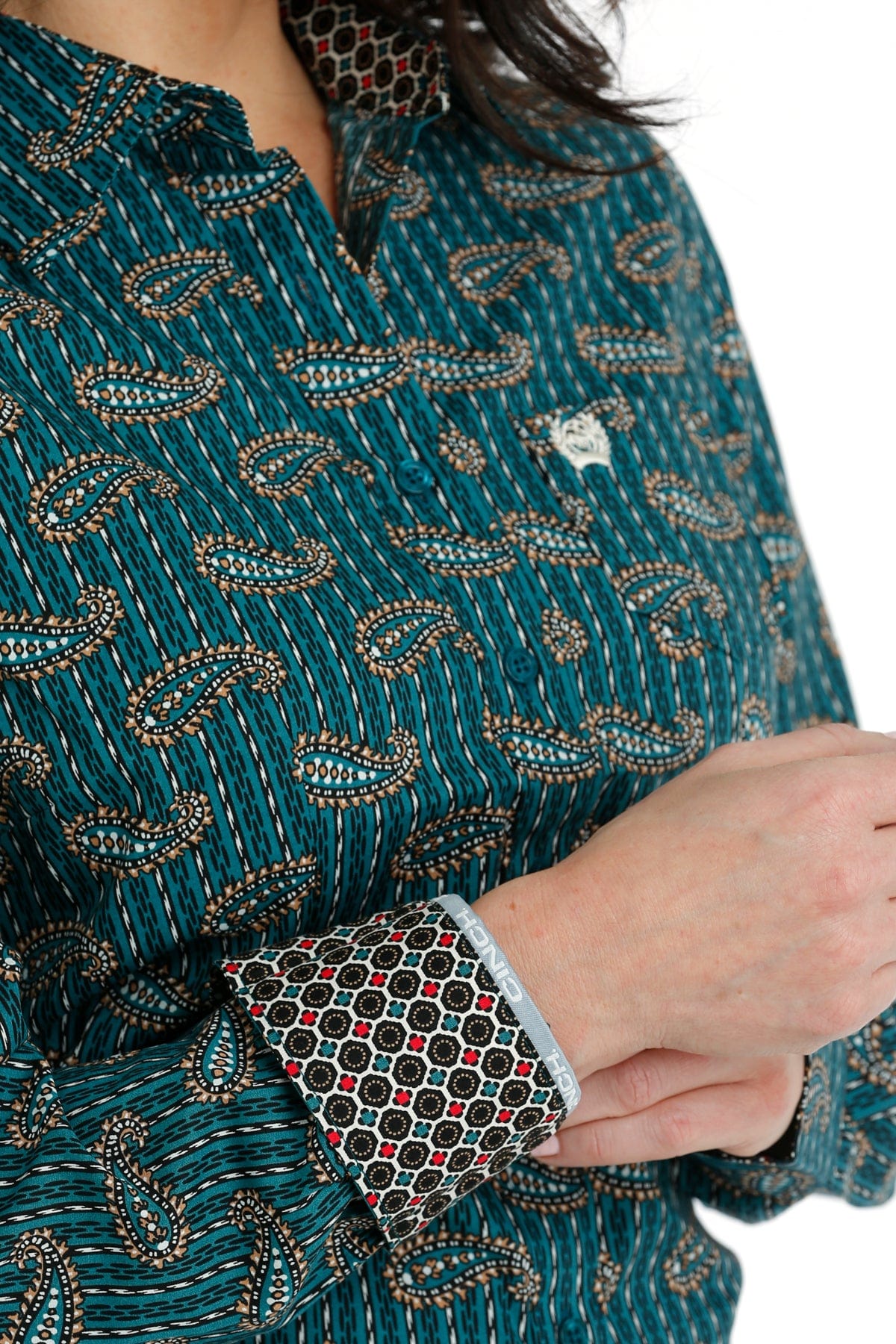Women's Long Sleeve Cinch Teal Print Button-Up Shirt - Casual & Stylish for Work, Office, and Everyday Wear
