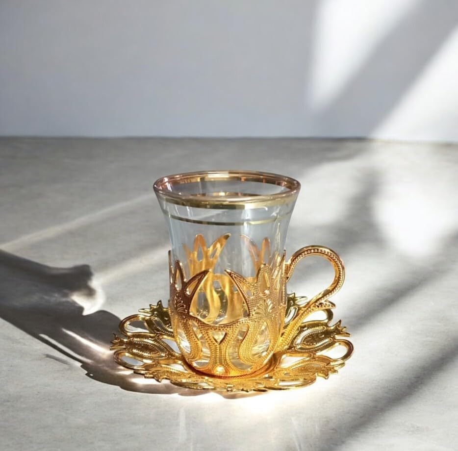 Premium 25-Piece Turkish Tea Set for 6 - Gold-Plated Brass Holders, Lids, Saucers & Glass Spoons with Serving Tray | Elegant Tea Party Accessories for Home, Office & Hospitality Use