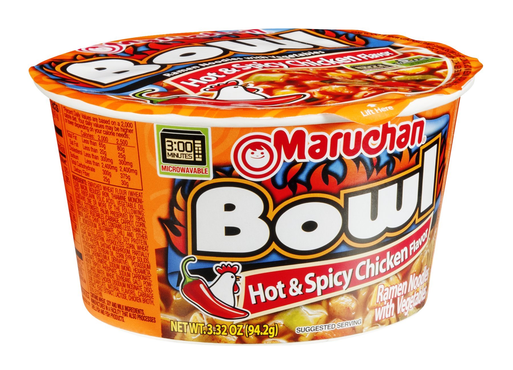 Maruchan Hot & Spicy Chicken Flavor Ramen Noodles with Vegetables - 3.32oz (Pack of 18) | Instant Lunch, Quick Meal, College Dorm Food, Office Snack, Emergency Pantry Staple