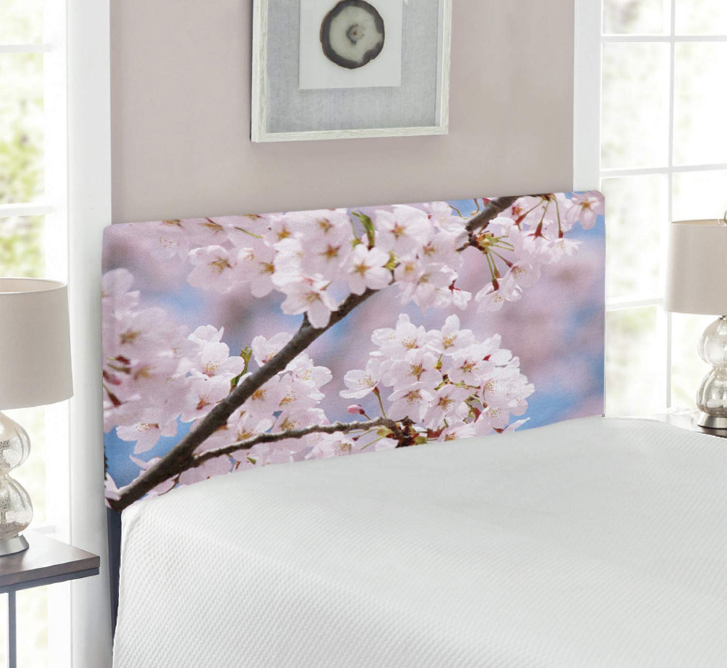 Ambesonne Floral Tree Branches Cherry Blossom Headboard - Twin Size Upholstered Metal Bed Frame with Memory Foam in Pale Pink | Spring-Themed Home Decor for Bedroom, Guest Room & Dorm
