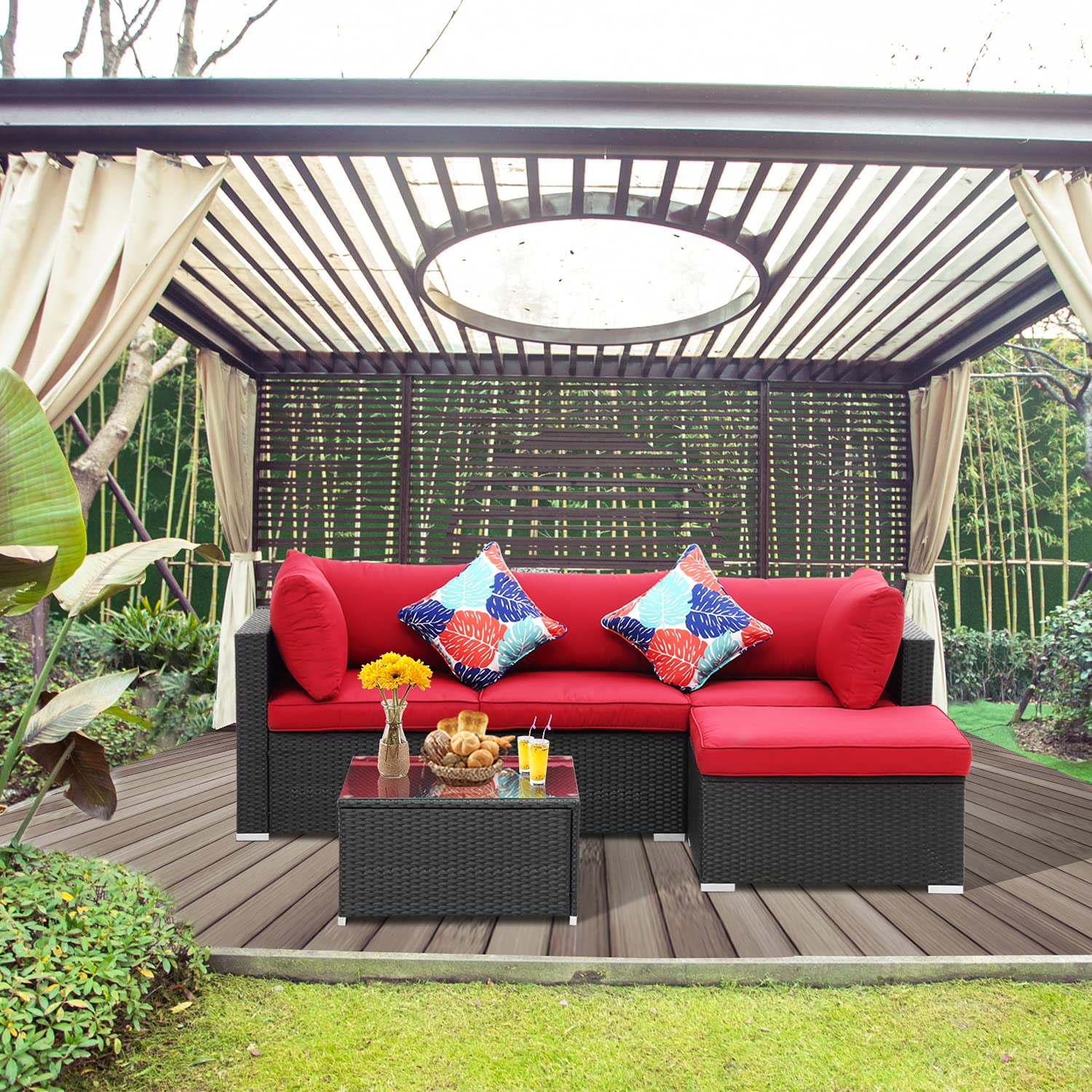 Wonlink 5-Piece Outdoor Patio Furniture Set - Wicker Rattan Sectional Sofa for Garden, Lawn, Pool & Backyard (Wine Red) - Perfect for Relaxing, Entertaining & Outdoor Gatherings
