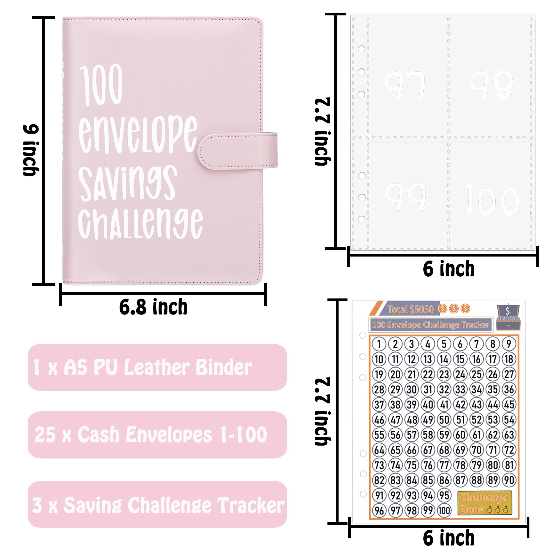 Ndsox 100 Envelopes Money Saving Challenge Binder - A5 Budget Organizer with Cash Envelopes & Savings Tracker - Save $5,050, $10,000 or $500 - Pink Budget Planner for Financial Goals - Perfect for Cash Budgeting, Envelope System & Personal Finance Management