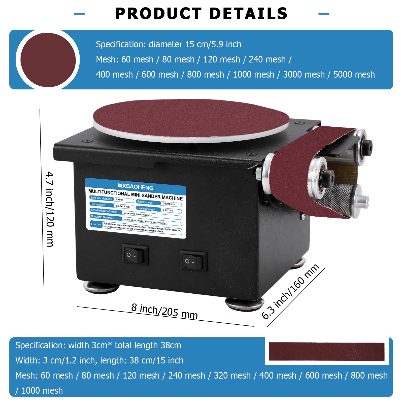 MXBAOHENG 6-Inch Mini Disc Sander & 1.2x15-Inch Belt Sander Combo - Woodworking, Metal & Stone Grinding Tool with Curve Sanding Spindle - Perfect for DIY Crafts, Furniture Repair & Jewelry Making (Model B)