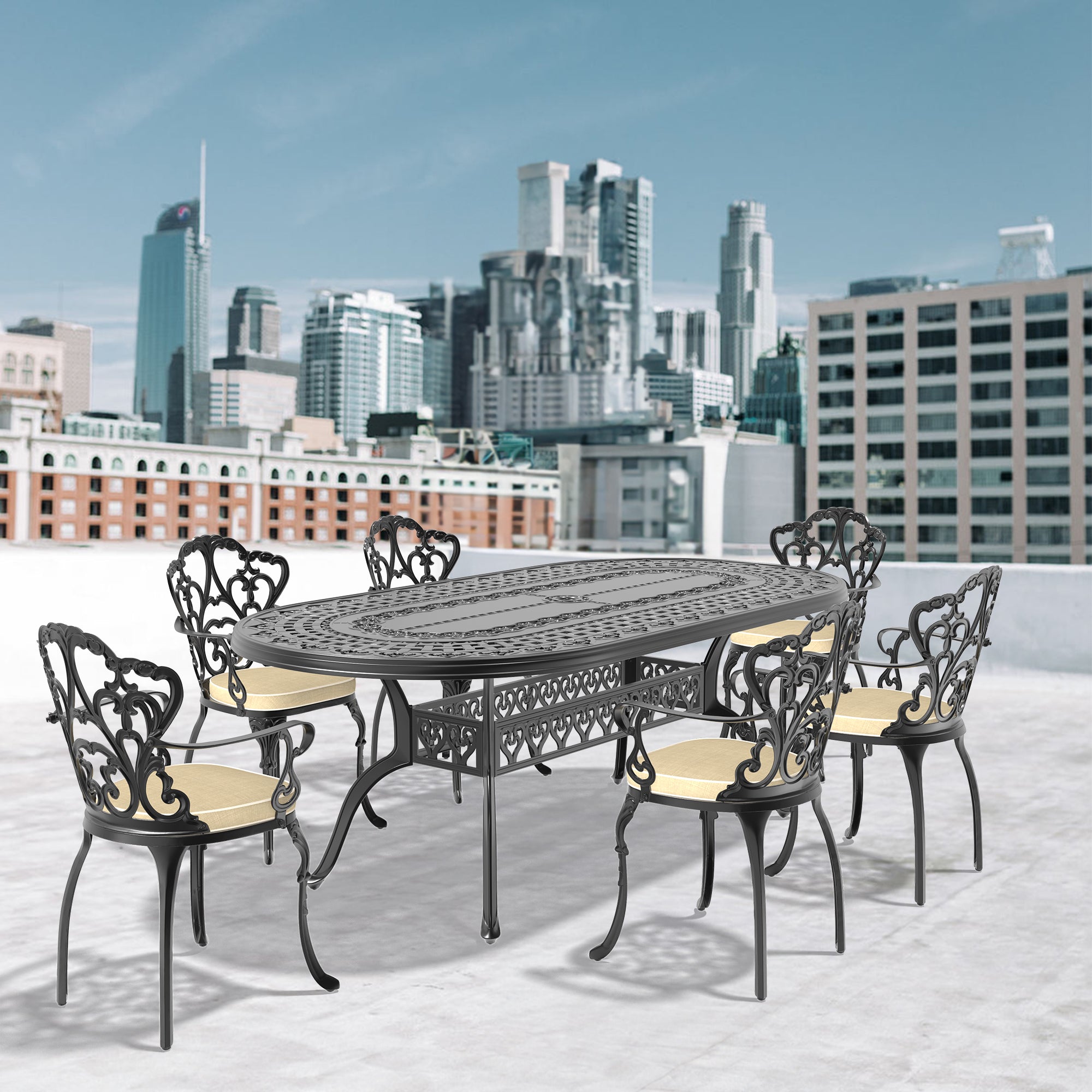 7-Piece Cast Aluminum Patio Furniture Set with Cushions - Outdoor Dining Set for Garden, Poolside & Backyard - Includes Weather-Resistant Cushions (Random Colors) - W1710S00107