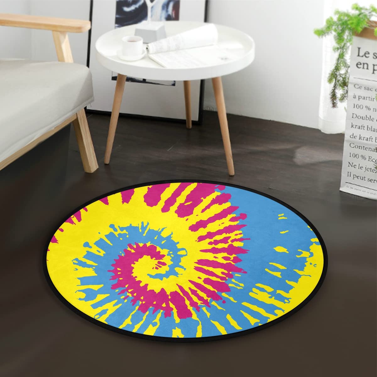 Vibrant Tie Dye Round Area Rug - 3.6 x 3.6 ft Modern Boho Chic Carpet for Dining Room, Living Room, Bedroom or Entryway - Soft Non-Slip Floor Mat for Home Decor & Cozy Spaces