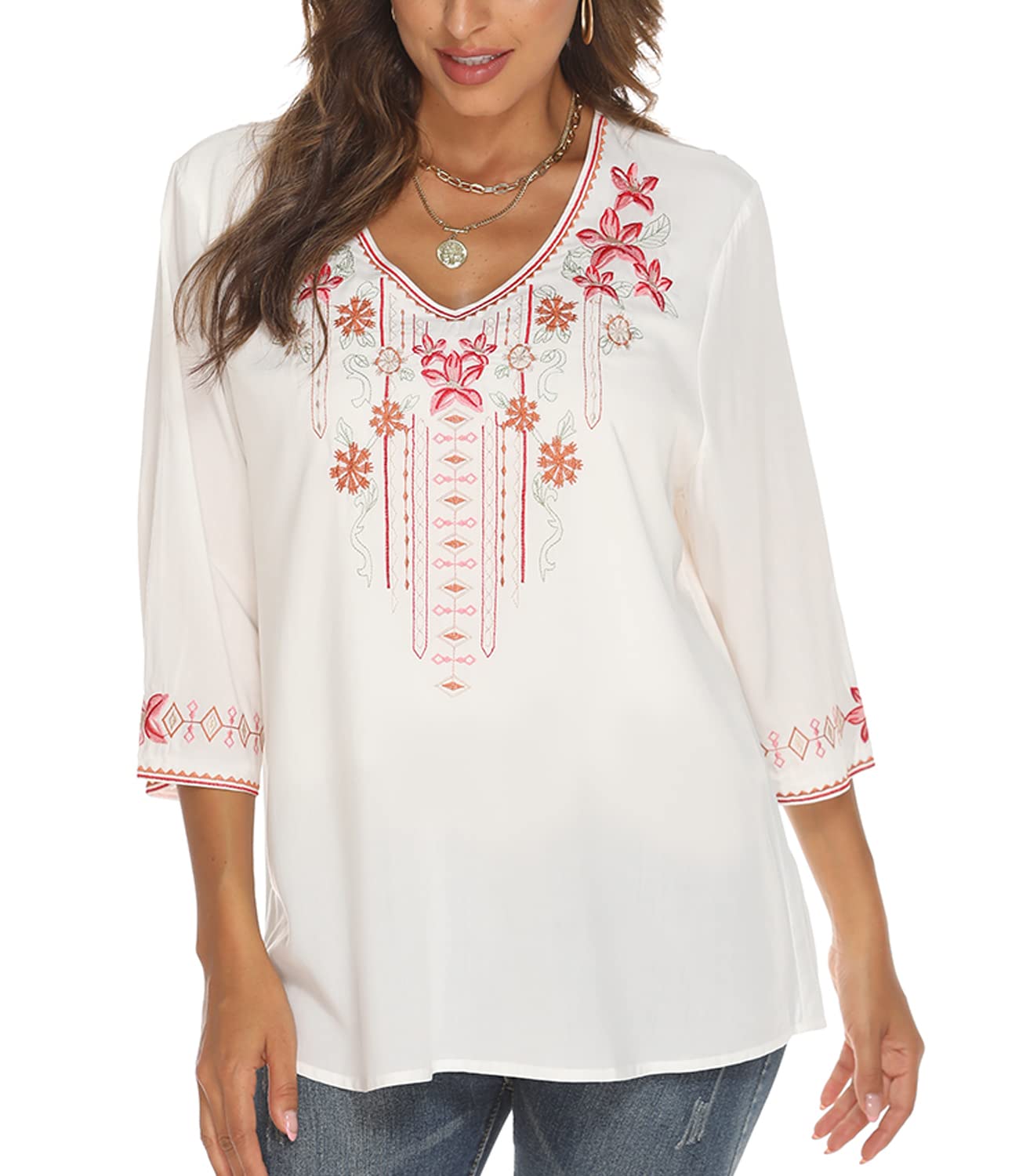 Higustar Women's Mexican Embroidered Bohemian Peasant Blouse - 3/4 Sleeve Boho Tunic Top for Festivals, Beach & Casual Wear | Hippie Style Summer Shirt