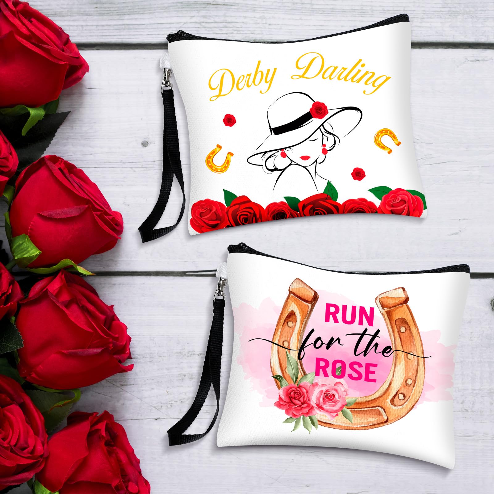 4 Pcs Kentucky Derby Horse Racing Themed Zippered Cosmetic Bags with Handles - Women's Canvas Wristlet Handbags for Makeup & Accessories | Perfect for Derby Parties, Horse Lover Gifts & Everyday Use