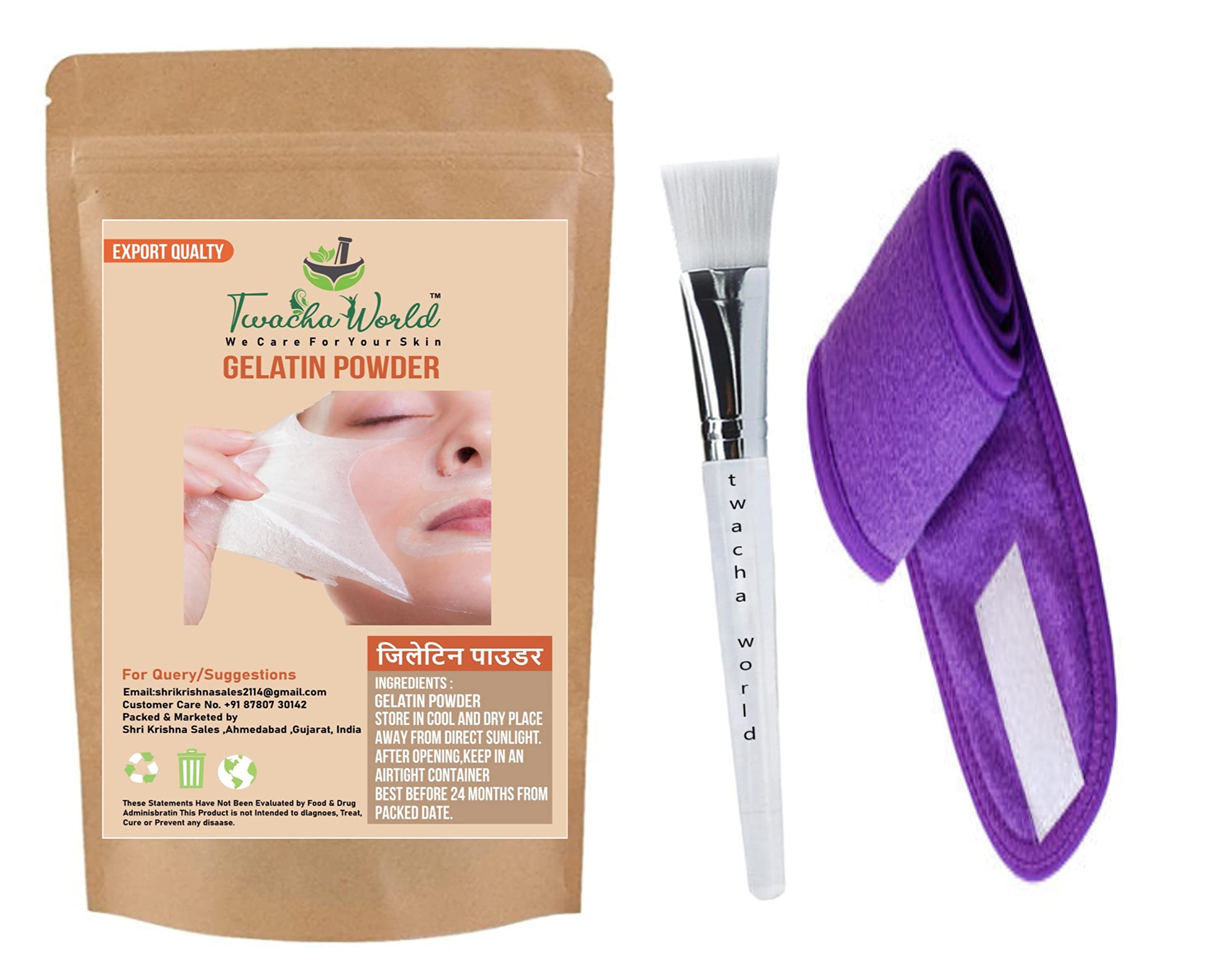 Twacha World Gelatin Powder for Face Mask & Hair Removal - Skin Care Treatment with Facial Band & Brush (50 Pack) | DIY Beauty & Spa at Home