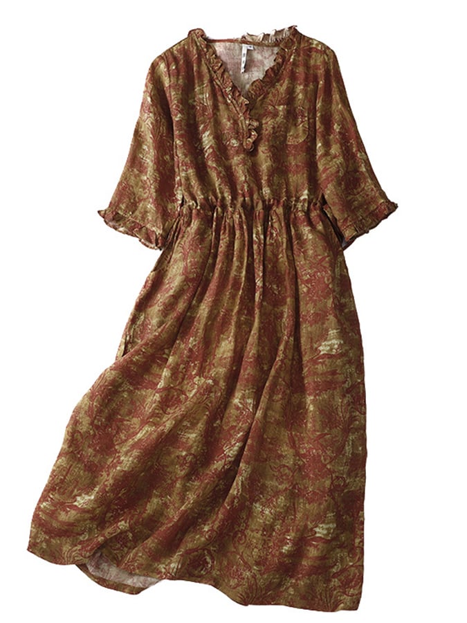 Lovevop Women's Cotton Linen Printed Loose Fit Waistband Dress - Casual Summer Boho Maxi Dress for Beach, Vacation & Everyday Wear