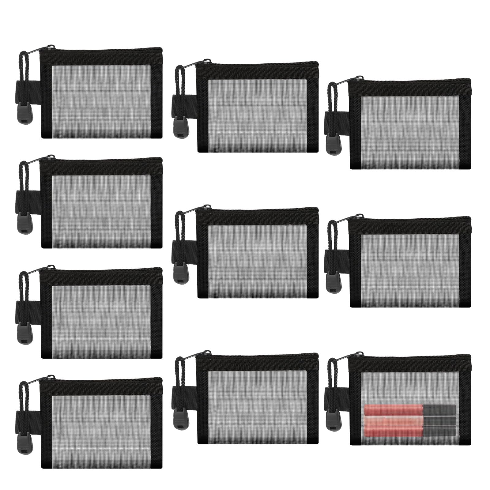 Mozeat 10-Pack Small Mesh Cosmetic Bags with Zipper - 3x4 Inch Mini Travel Makeup Organizer, Black Nylon Coin Purse & Storage Pouches with Key Holder - Perfect for Women's Travel, Home Organization & Daily Essentials