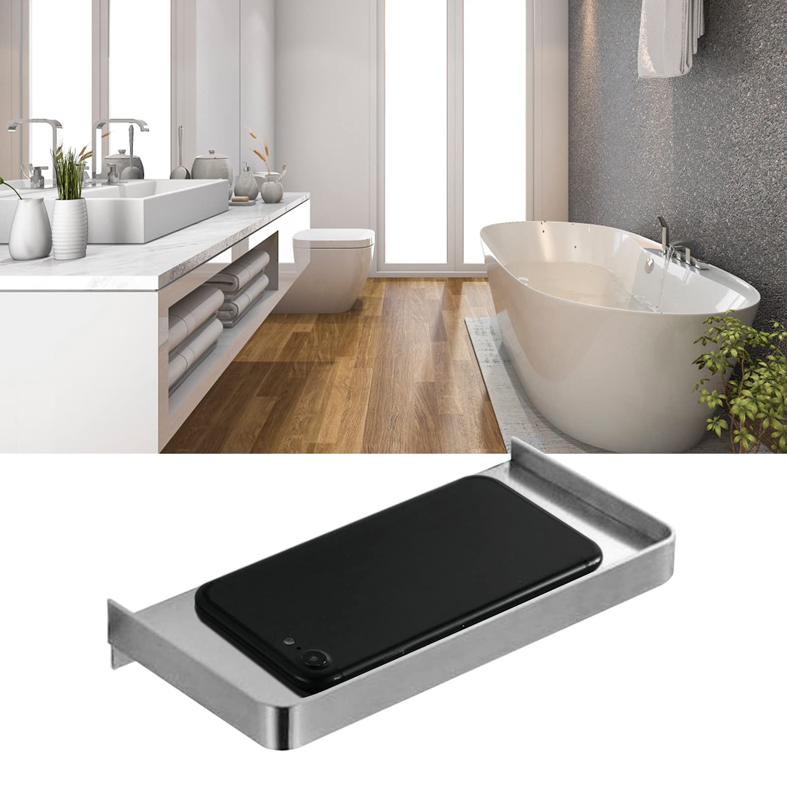 Stainless Steel Bathroom Phone Holder & Towel Shelf - Wall Mounted Storage Organizer for Toilet & Bathroom (185x90mm, Brushed Finish) - Perfect for Shower, Spa & Home Organization