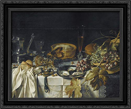 Pieter Claesz Still Life Painting - Pie, Grapes, Pitcher & Watch in Ornate Black Wood Frame (24x20 Inch) | Classic Dutch Art for Dining Room & Office Decor