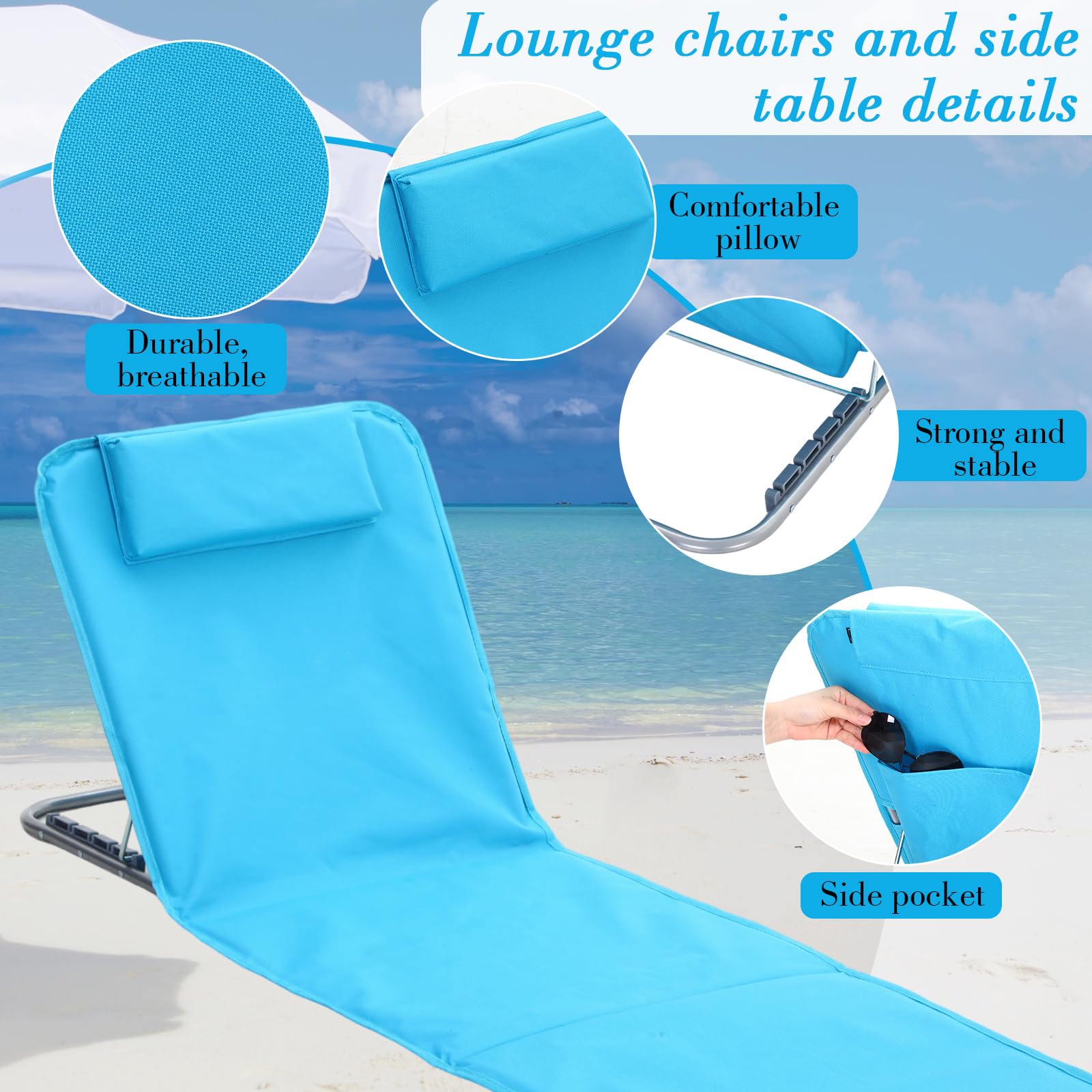 4 Pack Portable Beach Lounge Chairs with 2 Folding Side Tables - Adjustable 5-Position Tanning Chaise - Lightweight Outdoor Camping Chairs for Sunbathing, Backyard, Poolside & Beach (Lake Blue) - Perfect for Vacation, Picnics and Summer Relaxation
