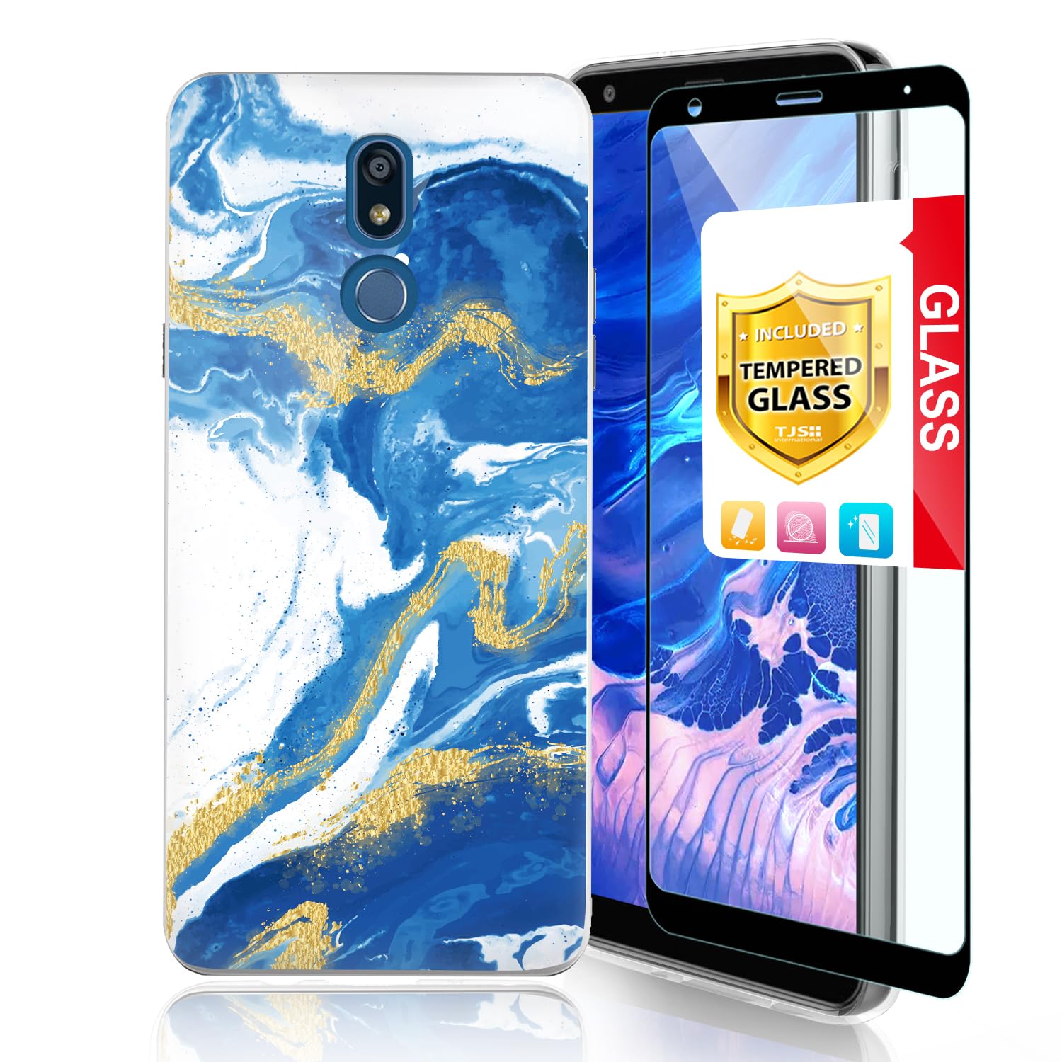 Premium Shockproof Phone Case for LG K40/K12 Plus/X4/Solo LTE/Harmony 3/Xpression Plus 2 - Matte Marble TPU Cover with Tempered Glass Screen Protector (Blue) | Slim Protective Case for Everyday Use, Work & Travel