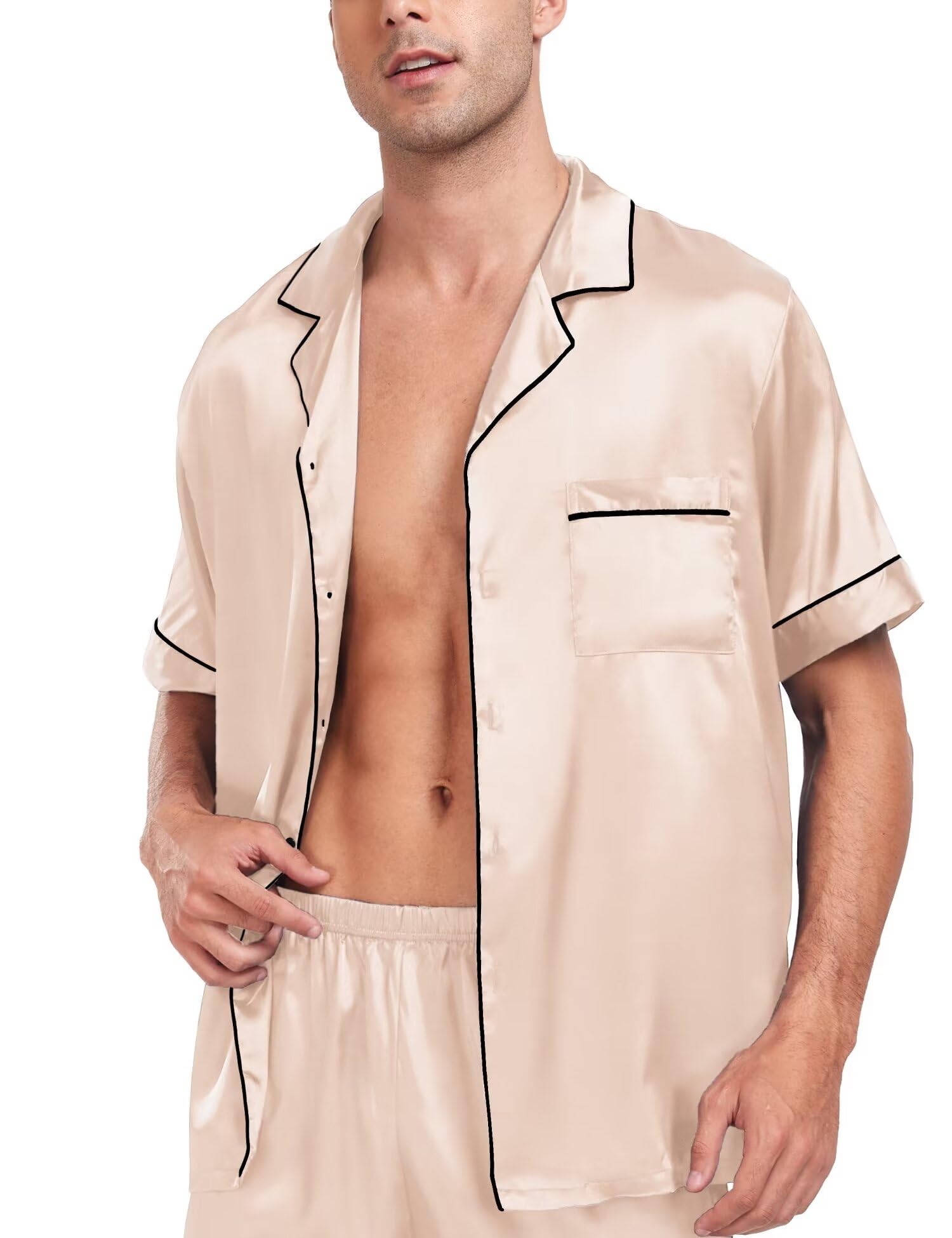 SWOMOG Couple Matching Pajamas Sets for Women & Men - Soft Silk Button Down Pjs with Short Sleeve - 2 Piece Loungewear Set for Valentine's Day, Anniversary Gifts & Cozy Nights at Home