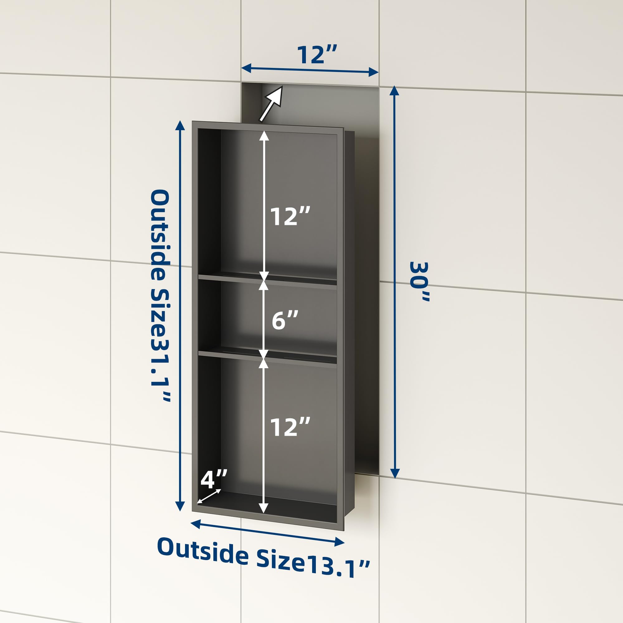 Neodrain 12X30 Inch Gun Metal 3-Layer Stainless Steel Recessed Shower Niche - No Tile Needed Bathroom Wall Storage Organizer for Shampoo, Soap & Bath Essentials