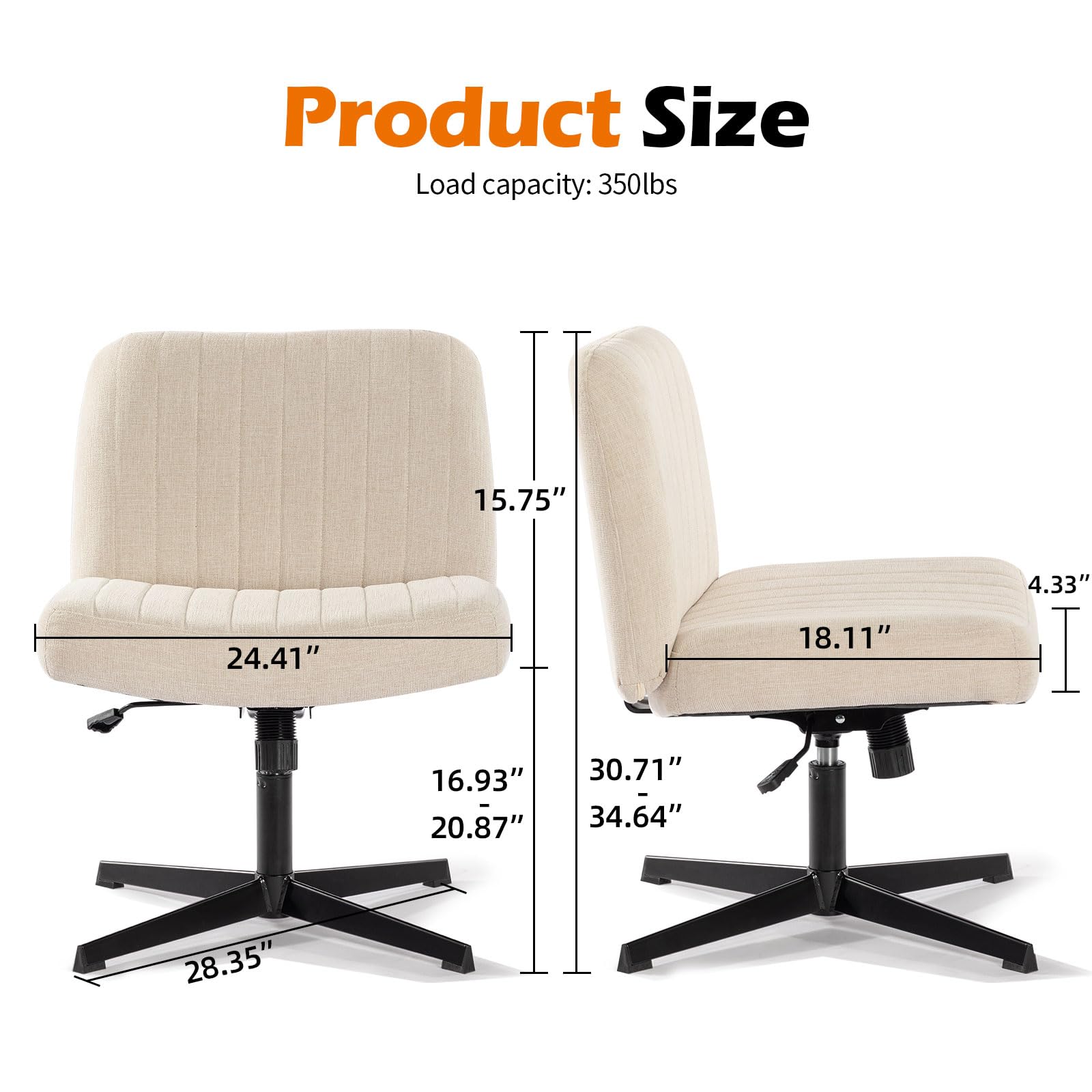 Criss Cross Chair No Wheels - Vanity Chair Without Back, Armless Makeup Stool, Wide Adjustable Height Desk Chair for Cross Legged Sitting - Beige Seat for Home Office, Beauty Salon & Dressing Room