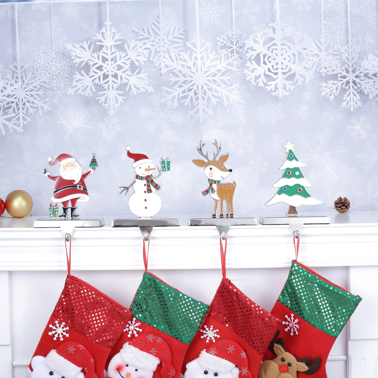 Premium Metal Christmas Stocking Holders - Set of 4 Silver Stocking Hangers for Fireplace Mantel Decor | Holiday Home Decoration & Gift Hanging