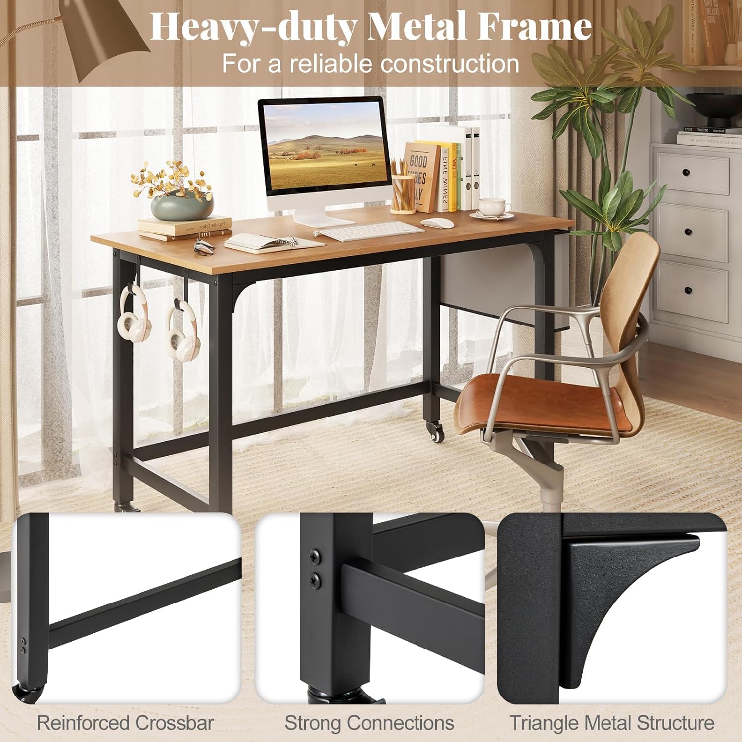GRAFFY Mobile Computer Writing Desk with Wheels - Adjustable Rolling Home Office Desk, Sturdy Steel Frame & Smooth Casters, Multipurpose Workstation for Small Spaces (Home, Office, Dorm) - Natural Wood Finish