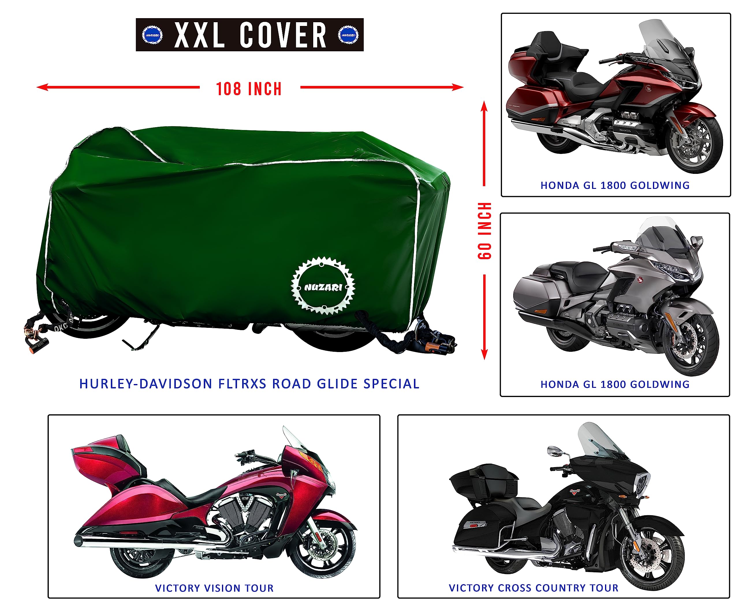 Nuzari Premium Waterproof Motorcycle Cover for Outdoor Storage - Heavy Duty Harley Davidson Bike Cover - XXL Motorcycle Accessories for Travel & Long-Term Protection