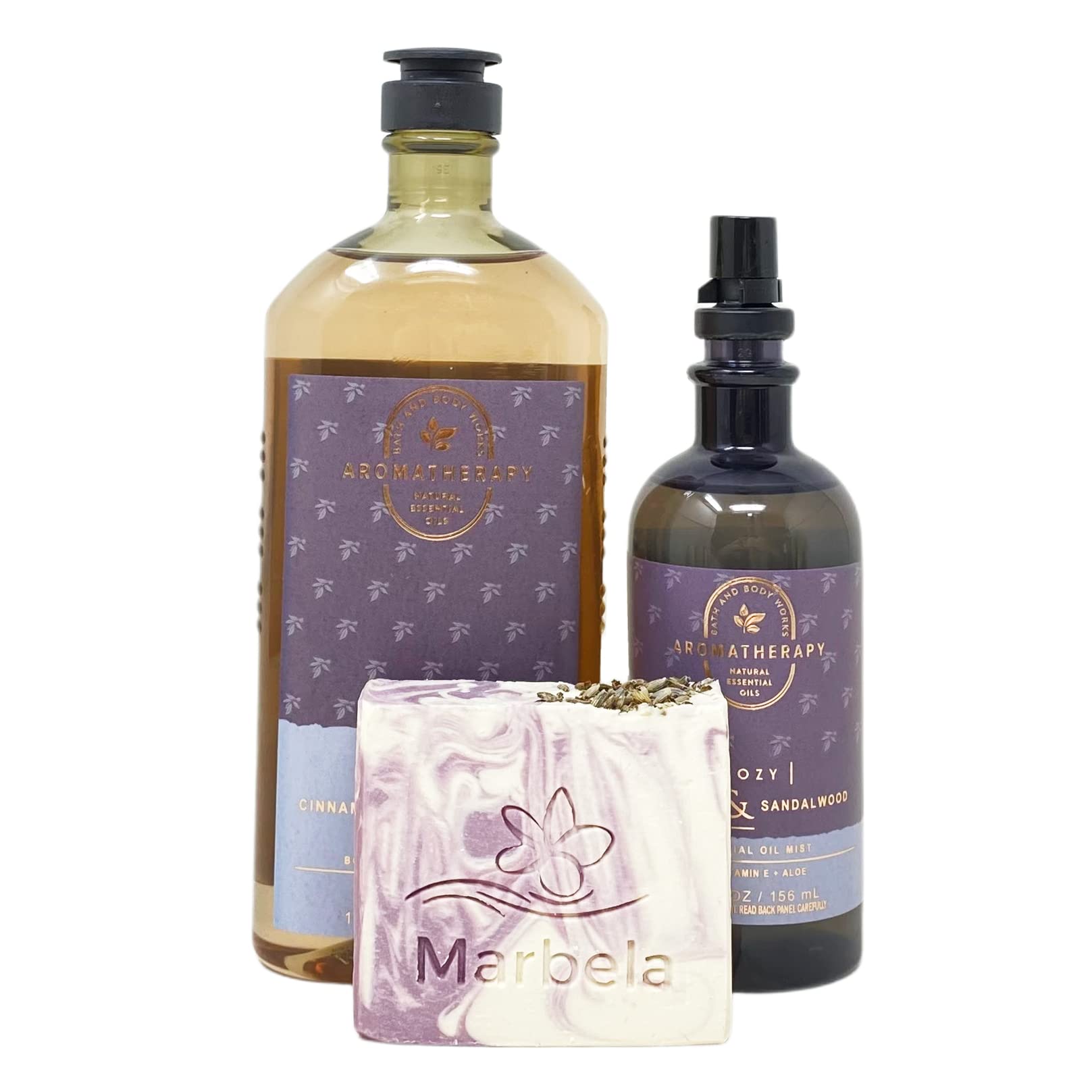 Bath & Body Works Aromatherapy Set - Cozy Cinnamon & Sandalwood Body Wash, Foam Bath & Essential Oil Mist with Lavender Dream Bar Soap | Relaxing Gift Set for Spa Night, Self Care & Stress Relief