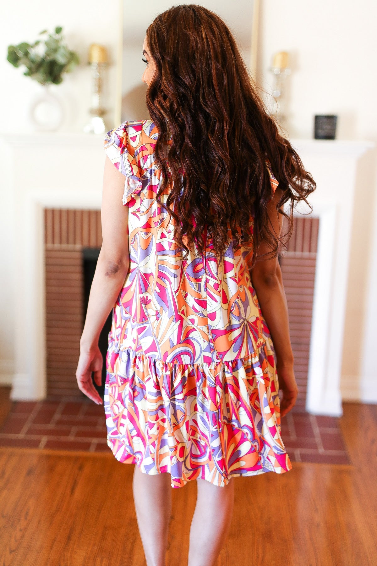 Multicolor Geometric Print Midi Dress with Flutter Sleeves - Women's Casual Summer Flowy Dress for Beach, Party & Vacation Outfits