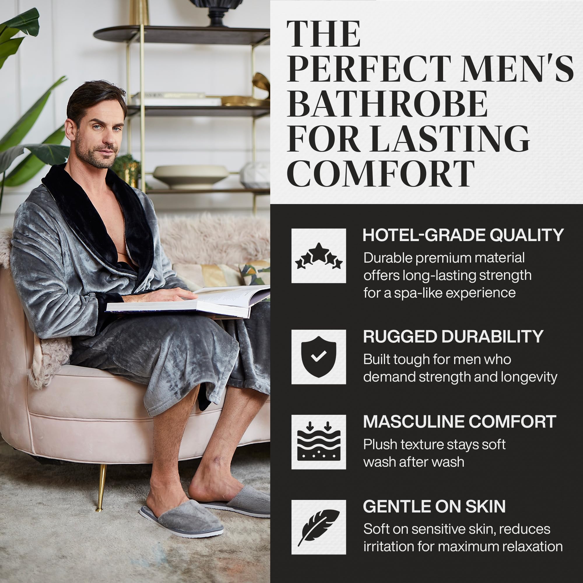 Luxury Men's Plush Hooded Bathrobe - Soft Long Linen Robe for Spa, Lounge & Relaxation at Home