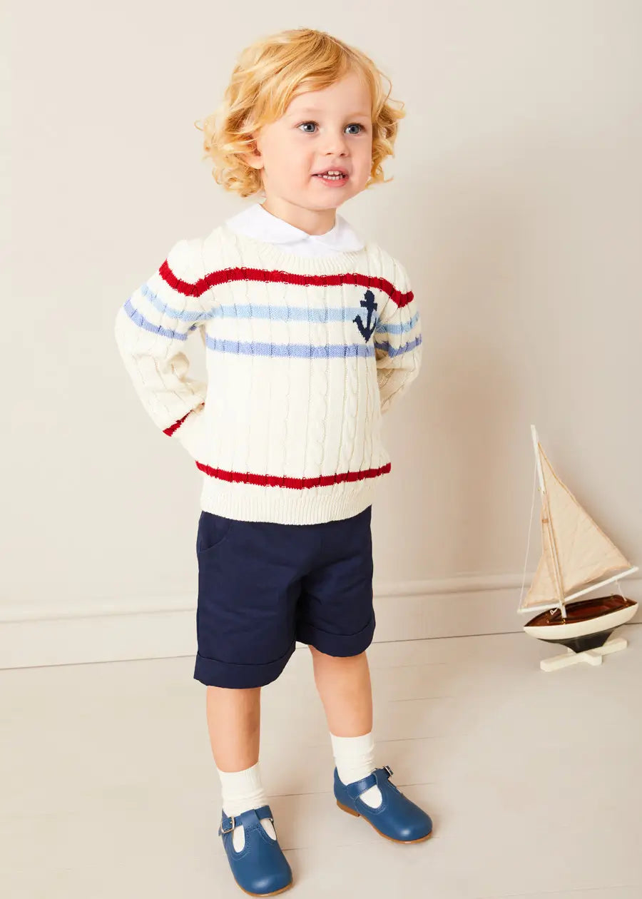 Beige Anchor Motif Cable Knit Jumper for Kids (Ages 2-10 Years) - Cozy Winter Sweater for School & Outdoor Activities