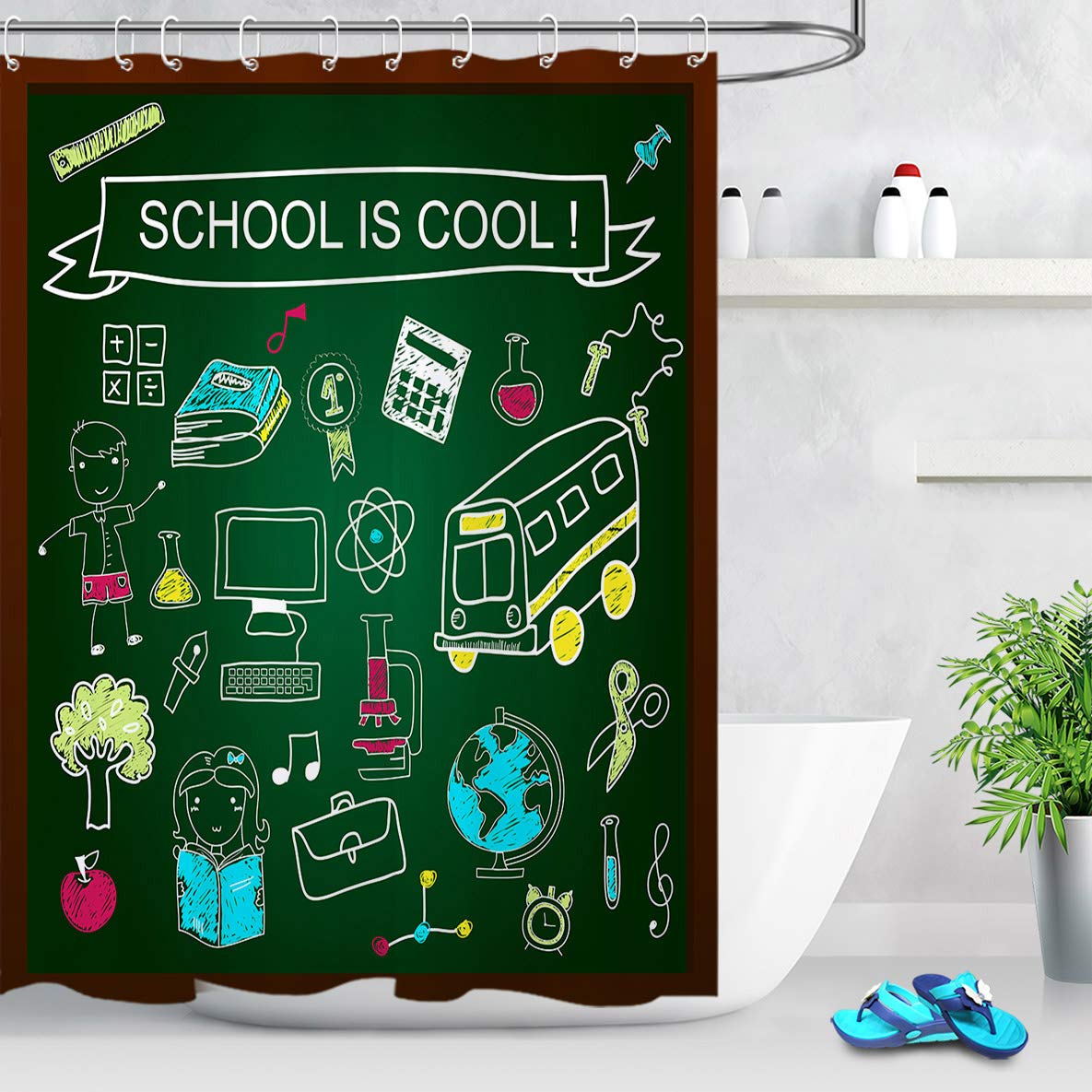 LB Kids Educational School Bus Science Shower Curtain Set - 72 x 72 Inch Waterproof Fabric with Hooks, Back to School Bathroom Decor for Children's Learning & Playtime