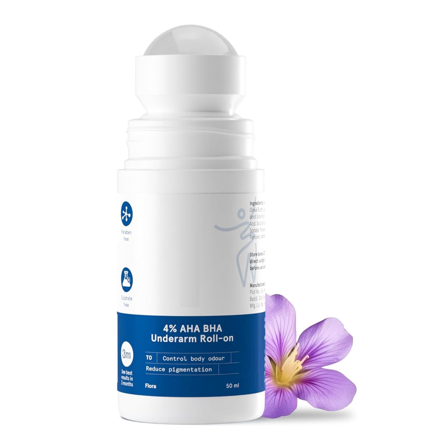 Body-wise 4% AHA BHA Underarm Roll On 50ml | 2% Lactic Acid, 1% Mandelic Acid, 1% Salicylic Acid | Odor Control & Pigmentation Reduction | Antibacterial Treatment for Brighter Underarms | Floral Scent | Perfect for Daily Underarm Care & Post-Workout Freshness