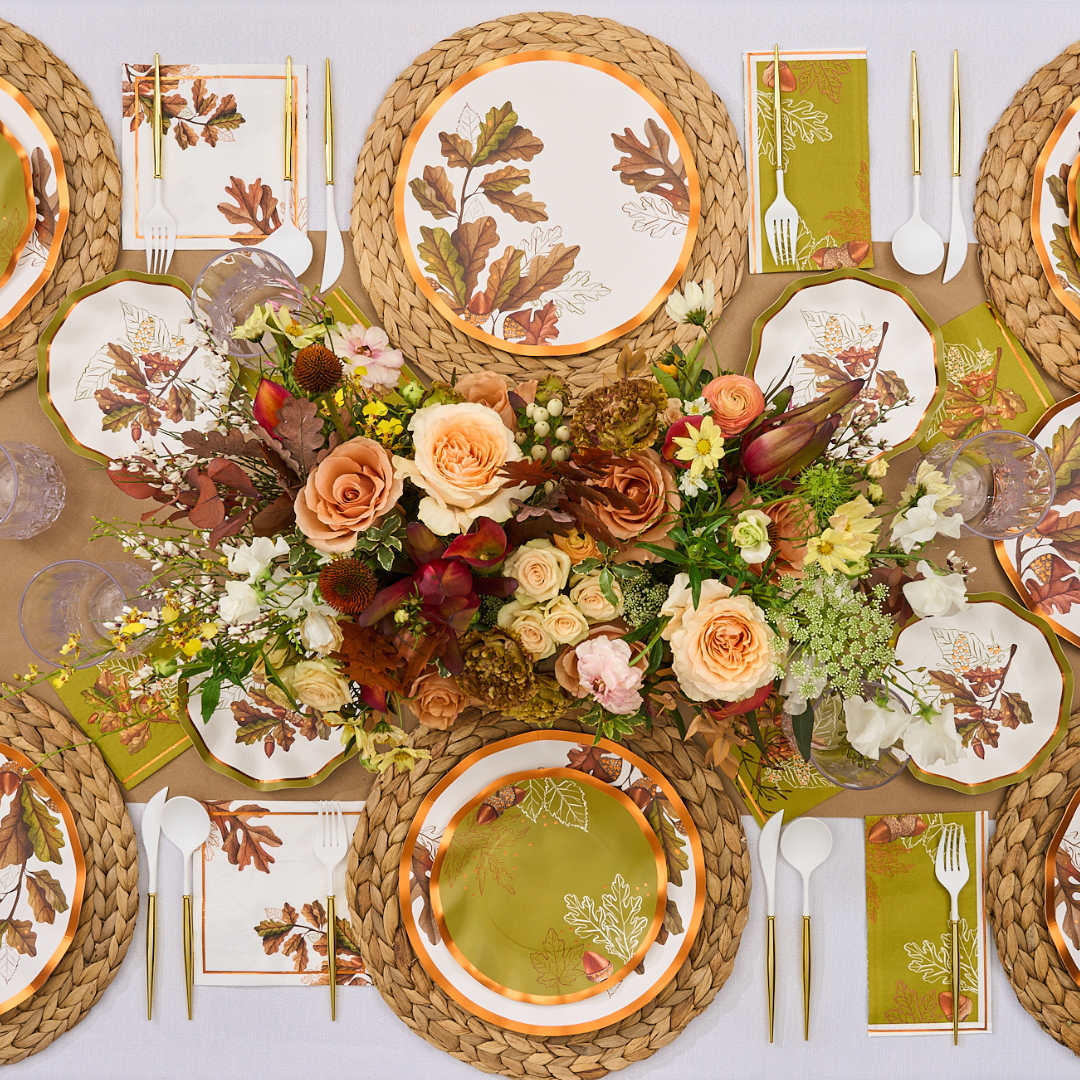 Acorn and Oak Wooden Table Setting Set - Rustic Farmhouse Dinnerware for Family Gatherings & Holiday Dining