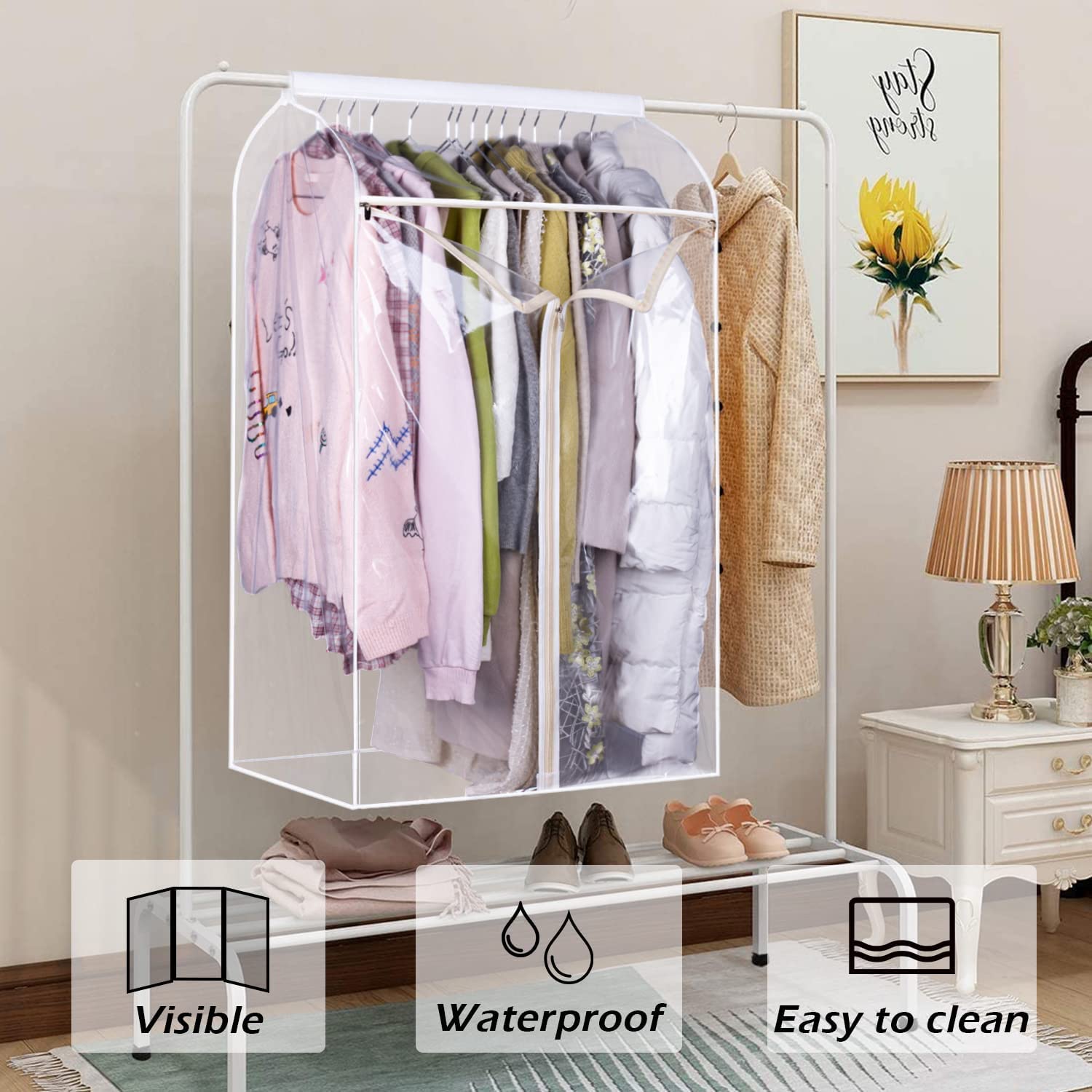 KEETDY 43 Inch Clear Window Hanging Garment Bag for Closet Storage - Large Wardrobe Organizer with Bottom Enclosed, Suit & Coat Protector - Perfect for Travel, Moving, Seasonal Clothing Storage and Closet Organization