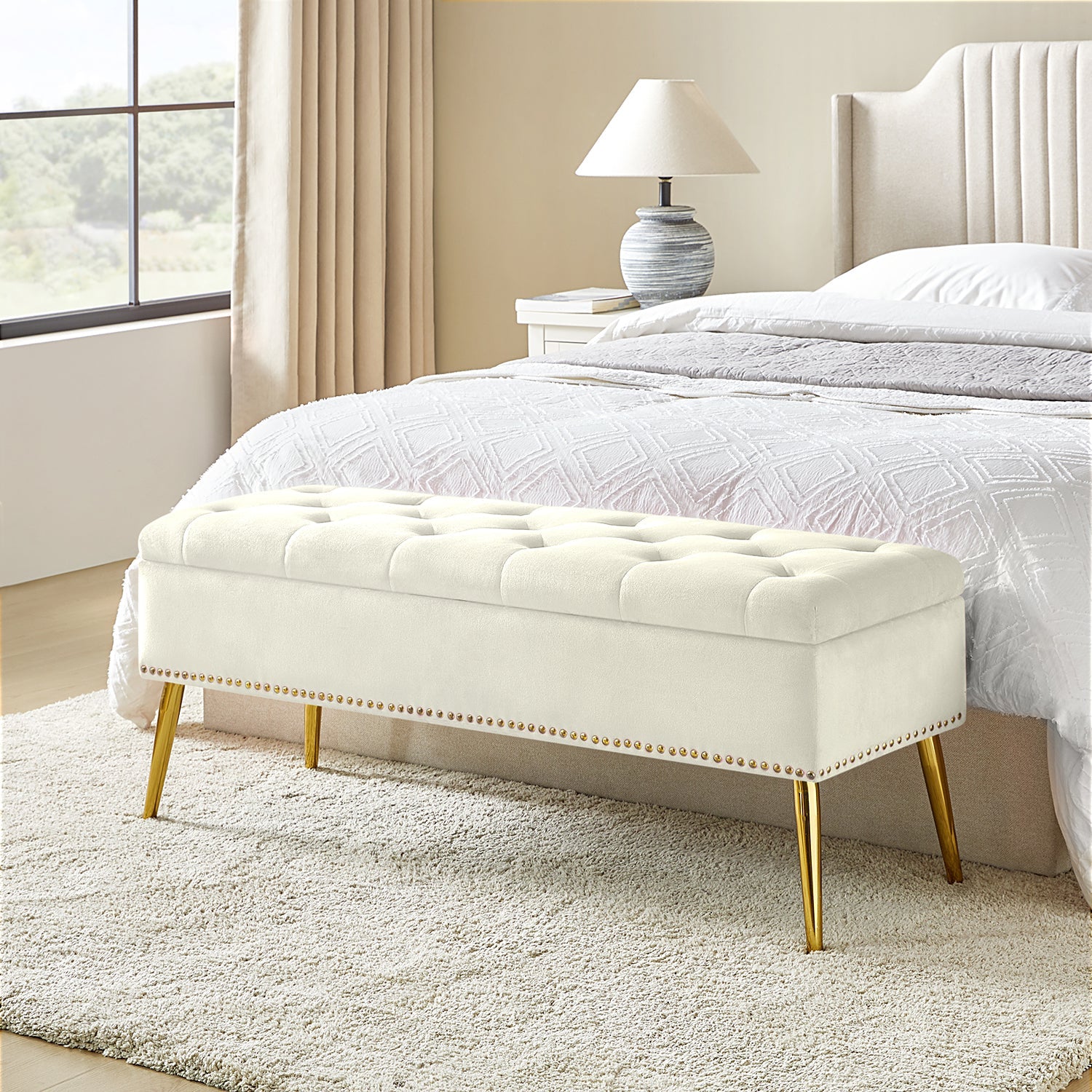 Lenore Upholstered Storage Bench with Cushion Seat - Modern Upholstered Ottoman for Bedroom, Living Room & Entryway - Multi-Functional Storage Furniture for Home Organization