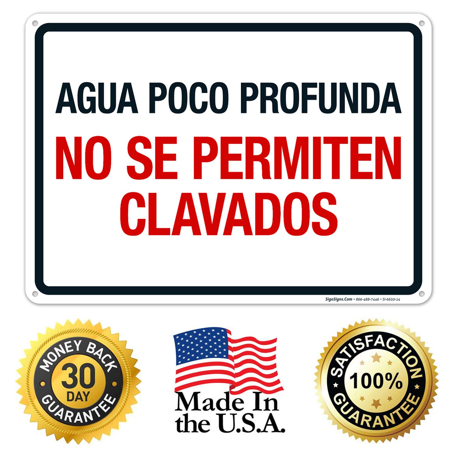 No Diving Sign - 10x14 Inches Rust-Free Aluminum Pool Warning Sign for Shallow Water (Spanish/English) - Fade Resistant Indoor/Outdoor Use - Made in USA - Perfect for Swimming Pools, Beaches & Water Parks